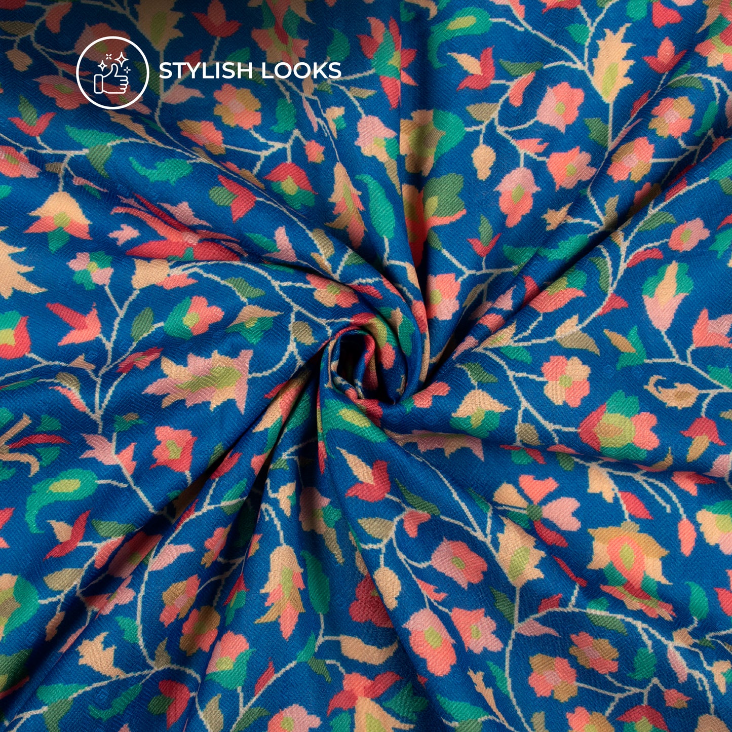 Royal Blue Floral Digital Print Blend Pashmina Fabric