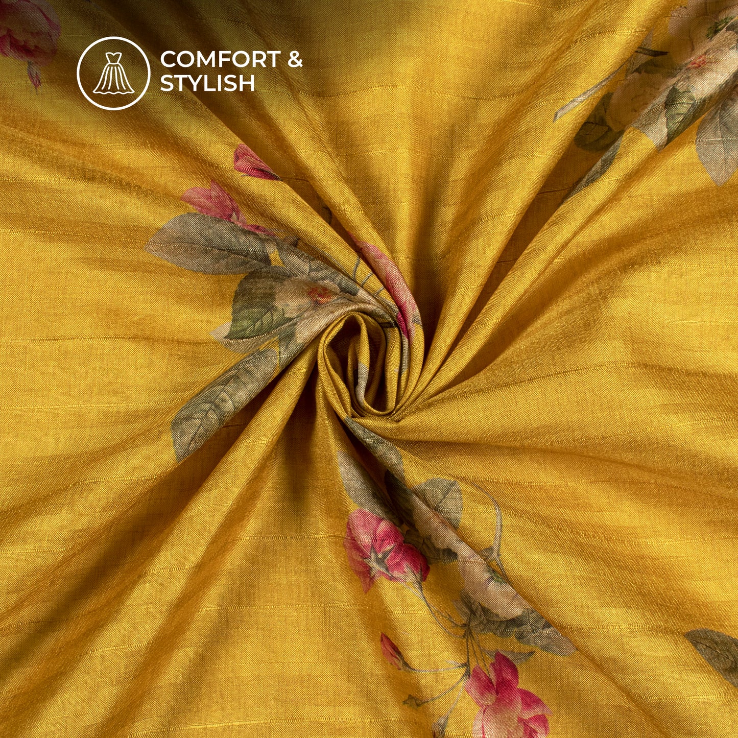 Amber Yellow Floral Digital Print Art Tusser Silk Fabric