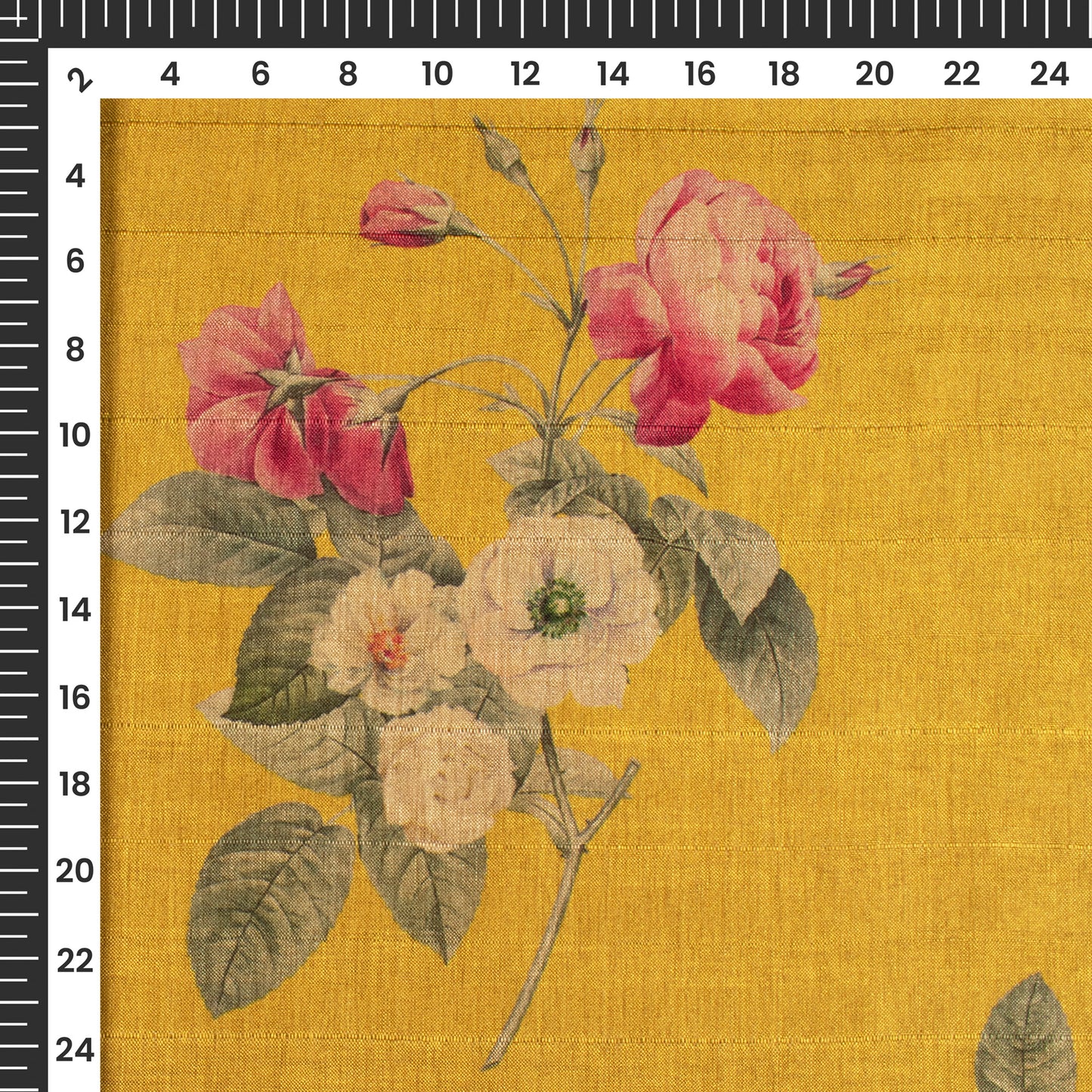 Amber Yellow Floral Digital Print Art Tusser Silk Fabric