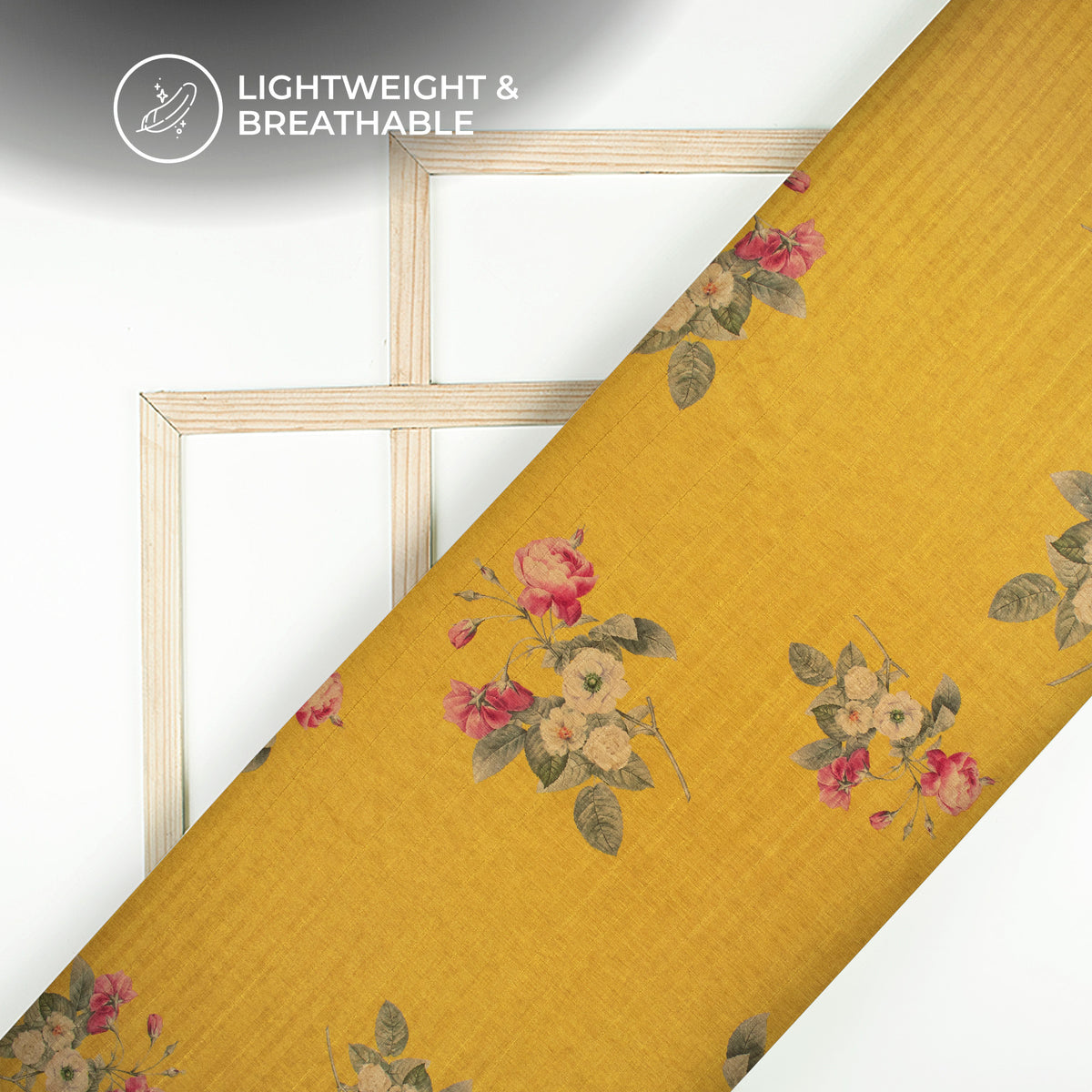 Amber Yellow Floral Digital Print Art Tusser Silk Fabric
