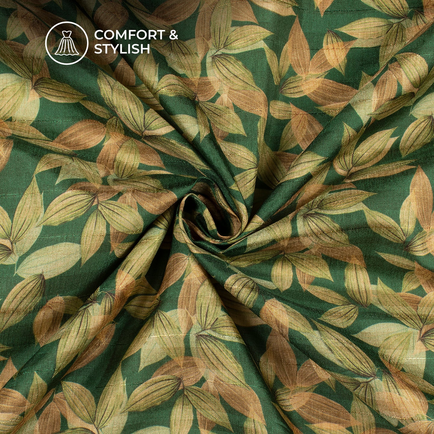 Pine Green Leaf Digital Print Art Tusser Silk Fabric