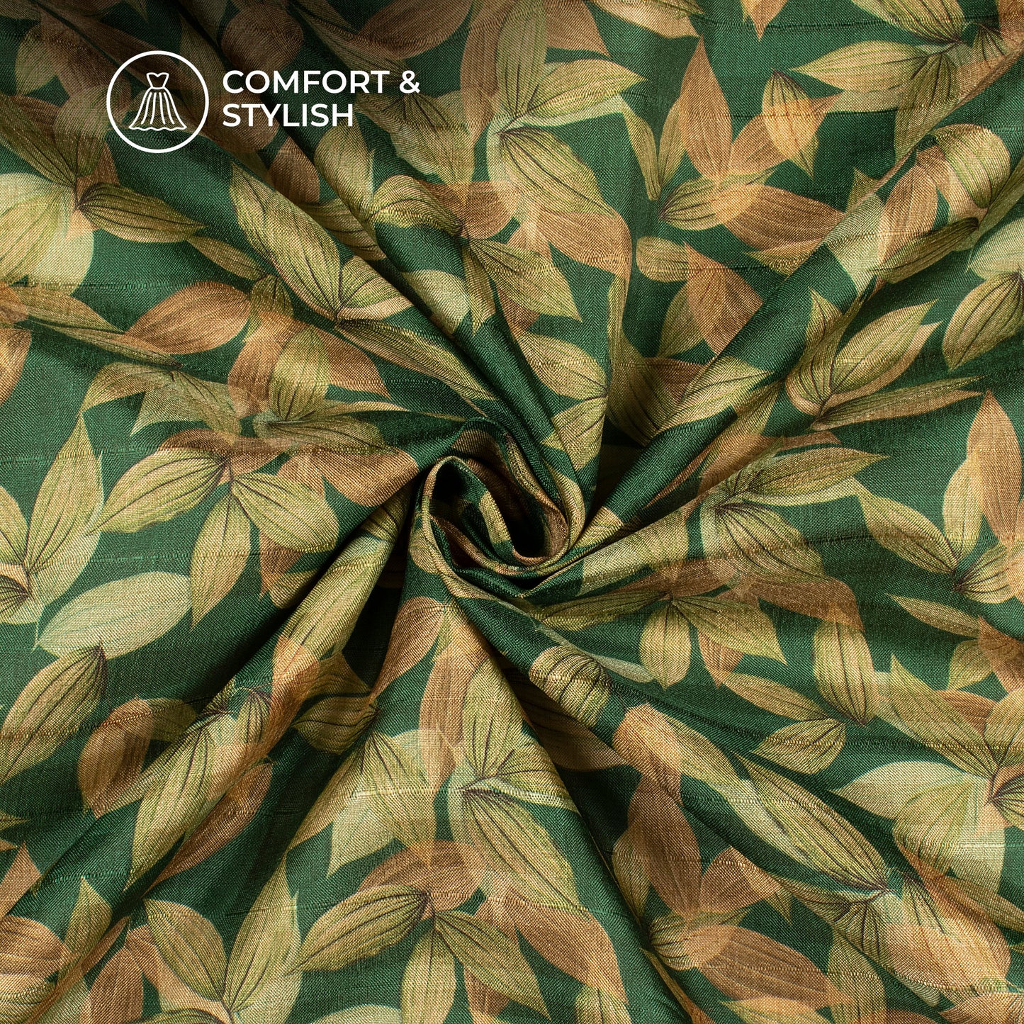 Pine Green Leaf Digital Print Art Tusser Silk Fabric