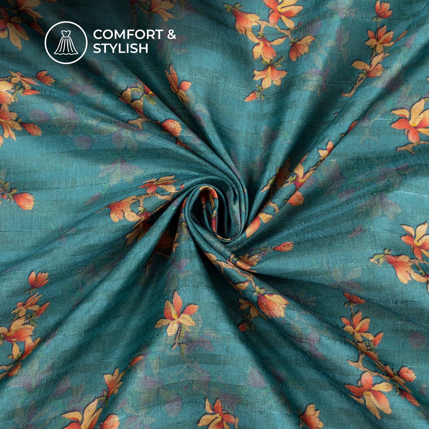 Cerulean Blue Floral Digital Print Art Tusser Silk Fabric