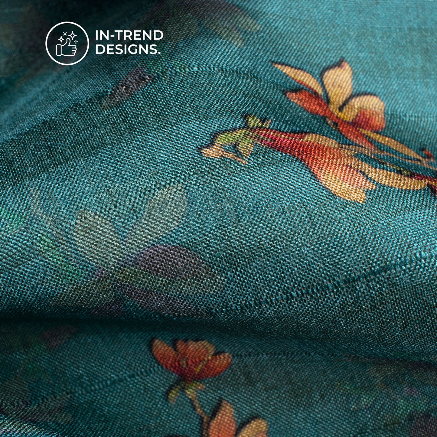 Cerulean Blue Floral Digital Print Art Tusser Silk Fabric