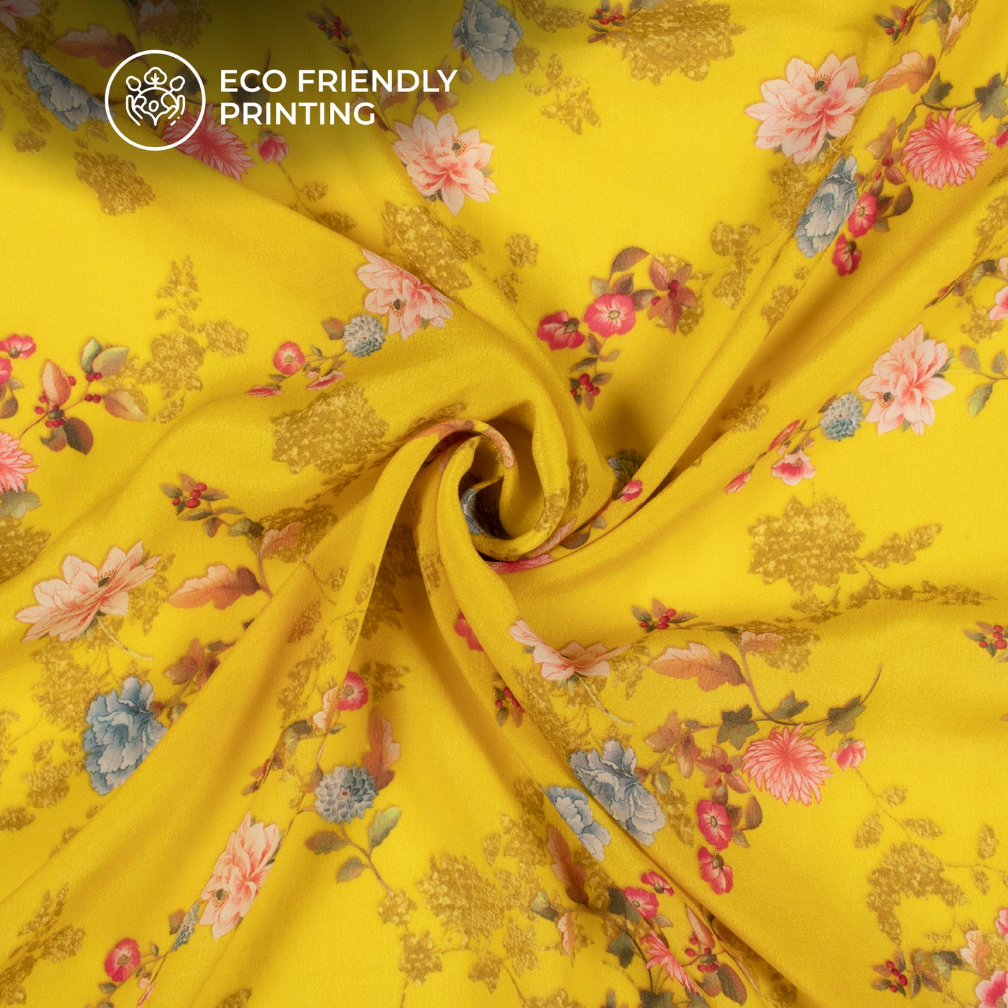 Yellow Floral Pattern Digital Print Viscose Natural Crepe Fabric