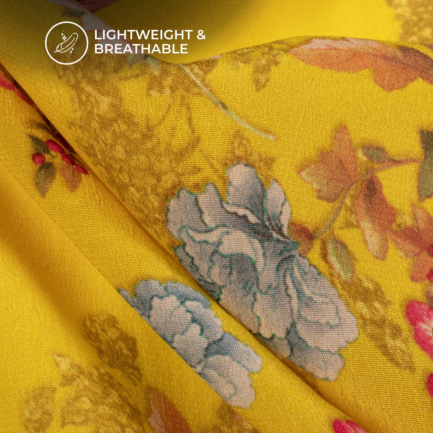 Yellow Floral Pattern Digital Print Viscose Natural Crepe Fabric