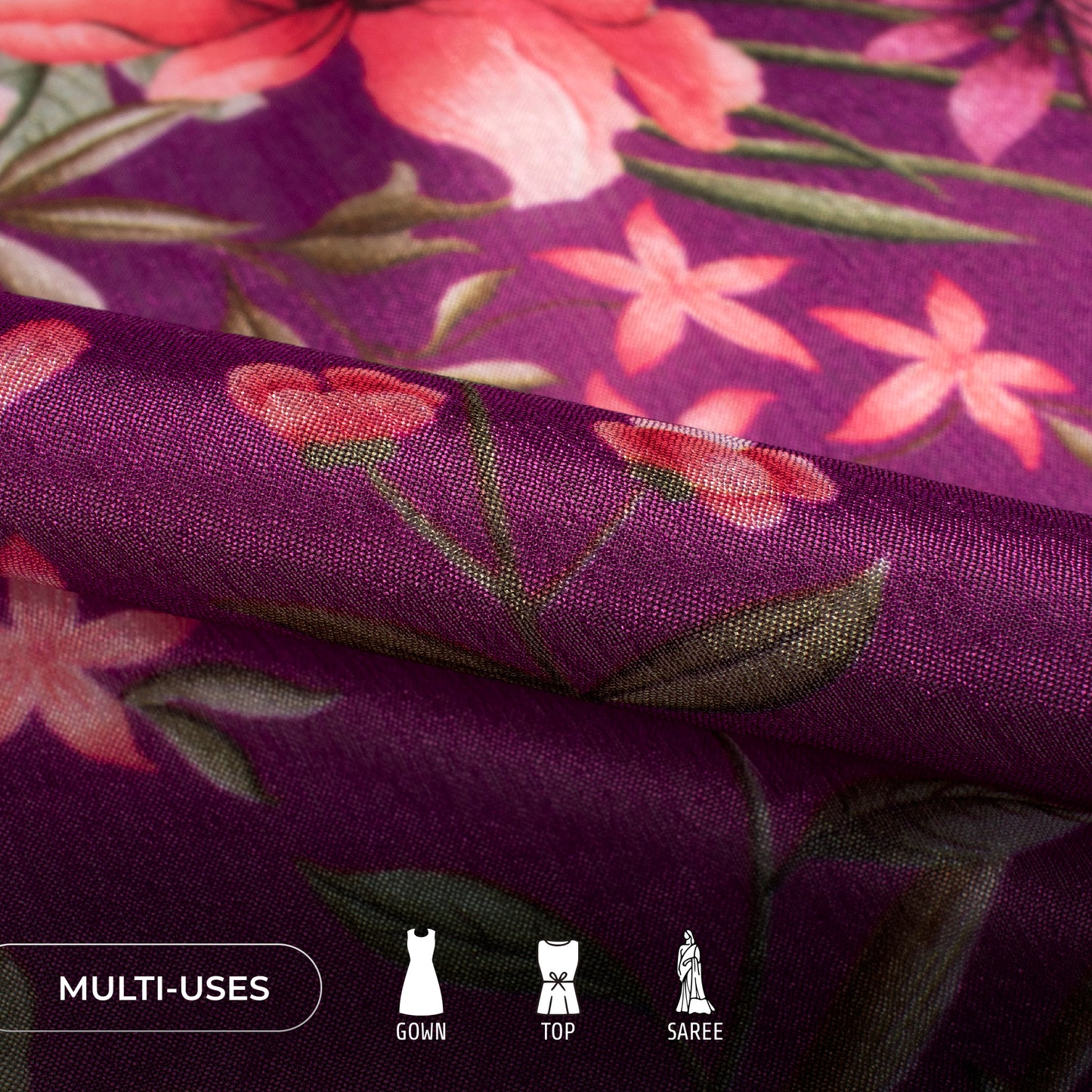 Midnight Purple Floral Digital Print Poly Chinnon Chiffon Fabric