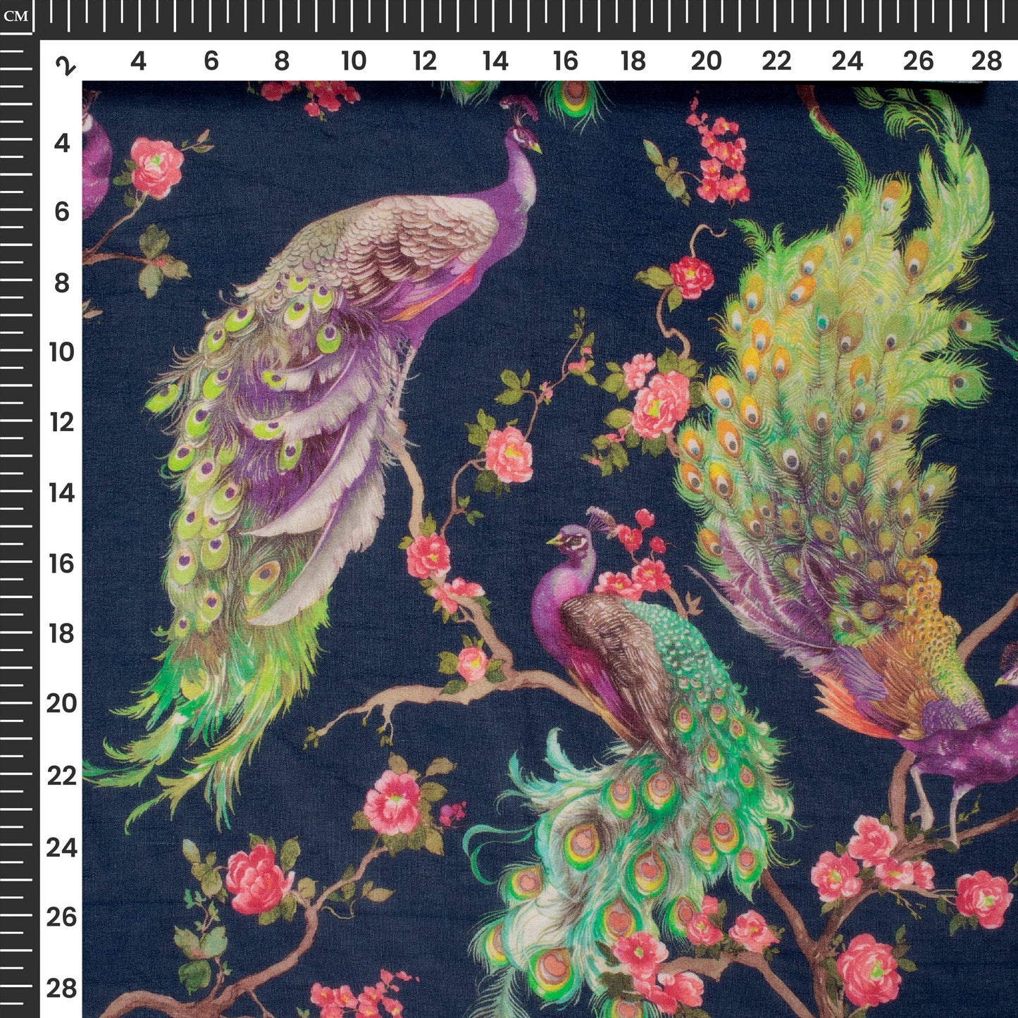 Navy Blue Peacock Digital Print Pure Georgette Fabric