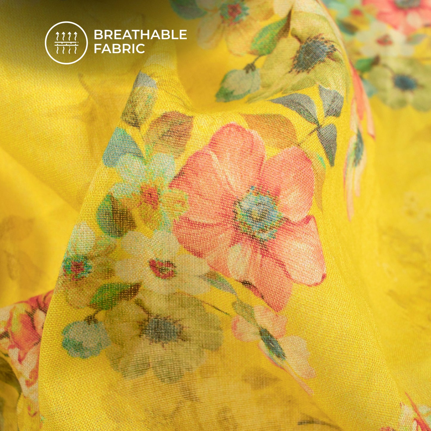 Gold Yellow Floral Digital Print Pure Cotton Mulmul Fabric