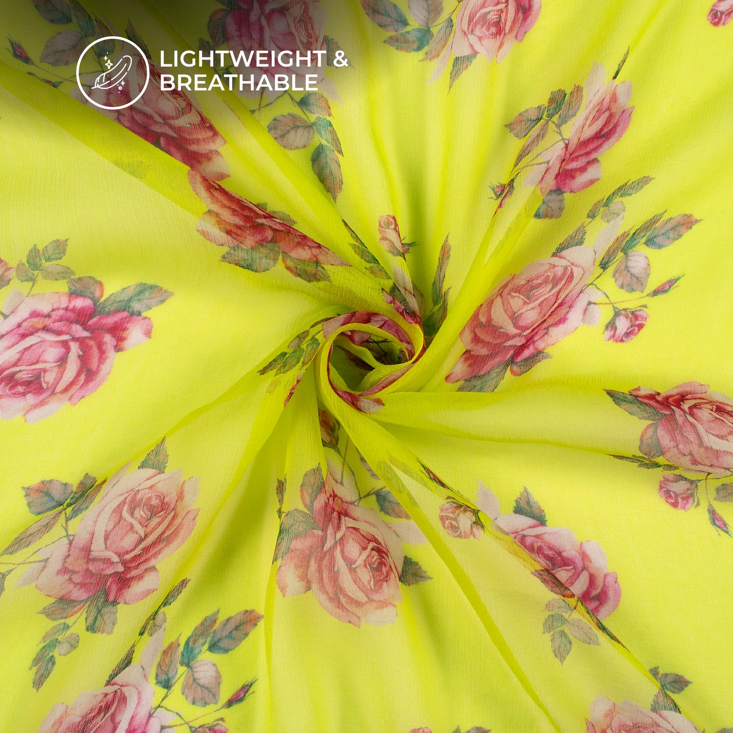 Lemon Yellow Floral Digital Print Bemberg Chiffon Fabric