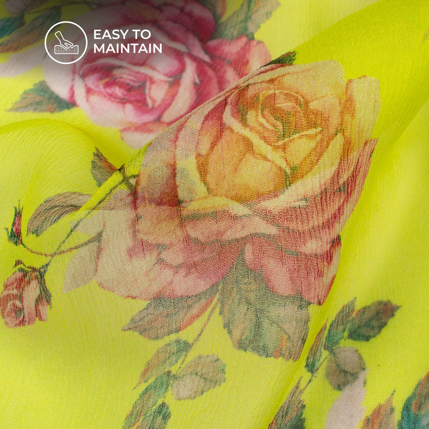 Lemon Yellow Floral Digital Print Bemberg Chiffon Fabric