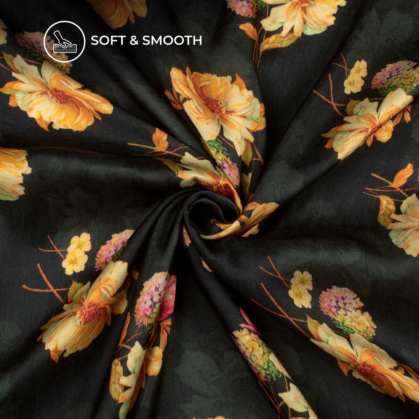 Jet Black Floral Digital Print Viscose Gaji Silk Fabric