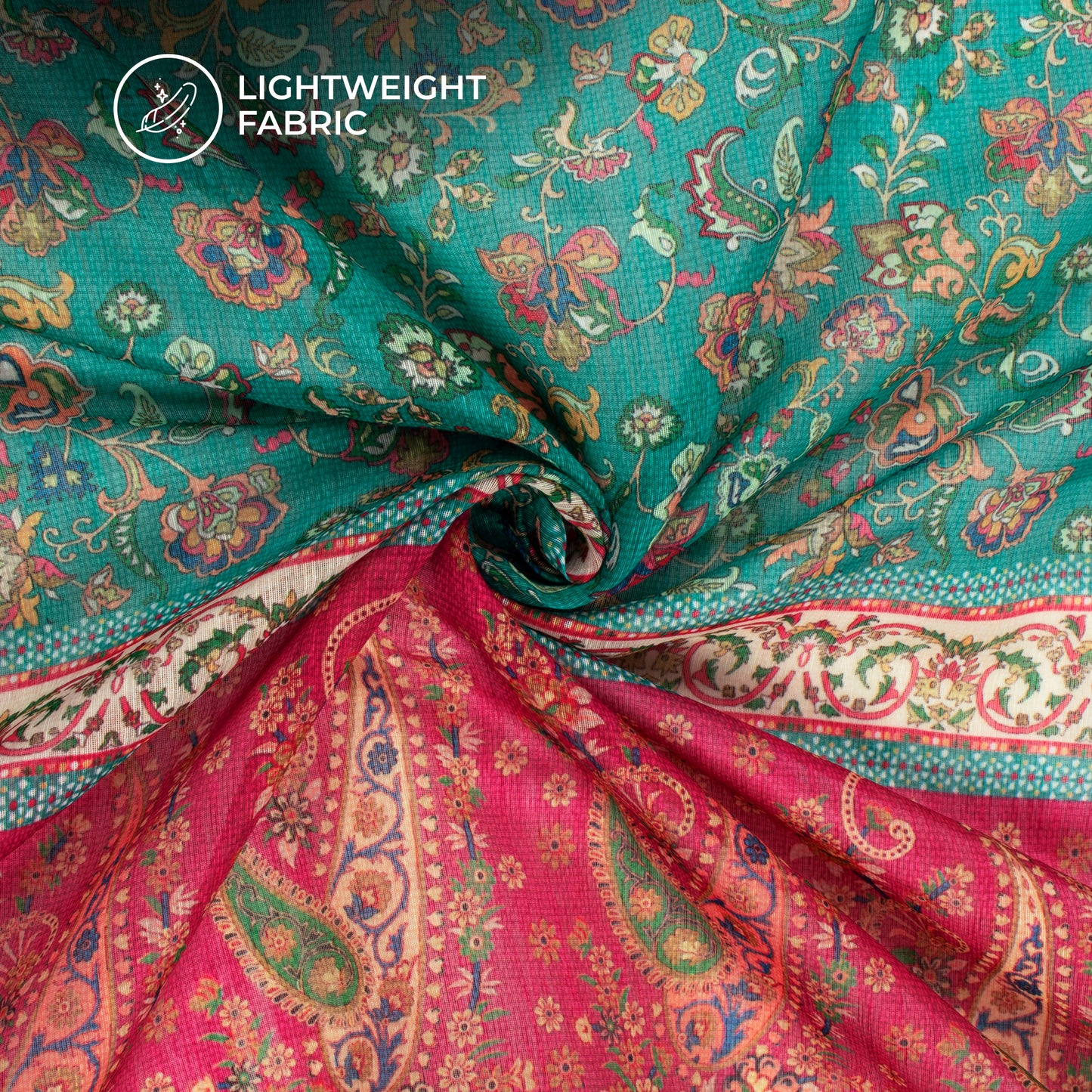 Sea Green Daman Digital Print Zari Border Chanderi Fabric