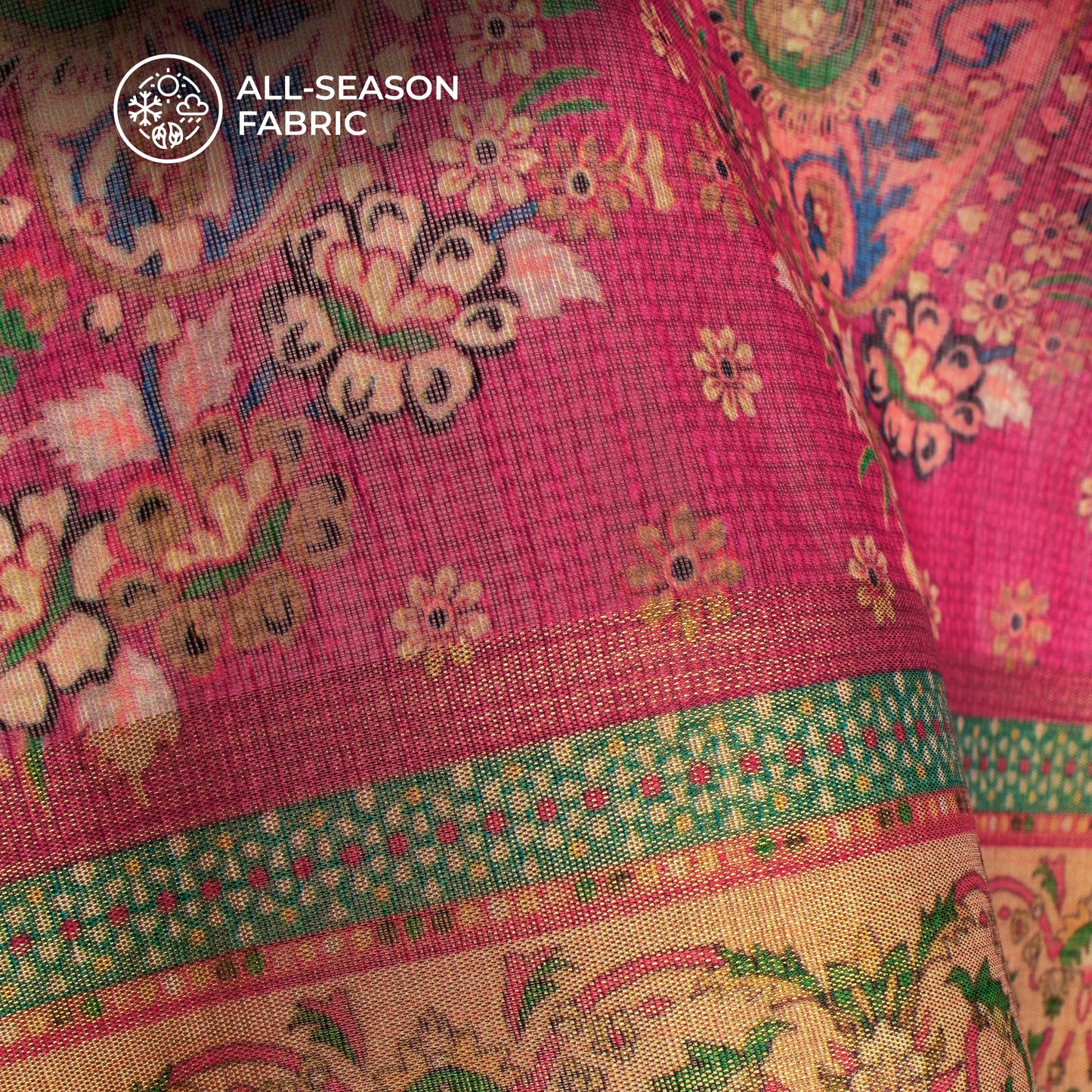 Sea Green Daman Digital Print Zari Border Chanderi Fabric
