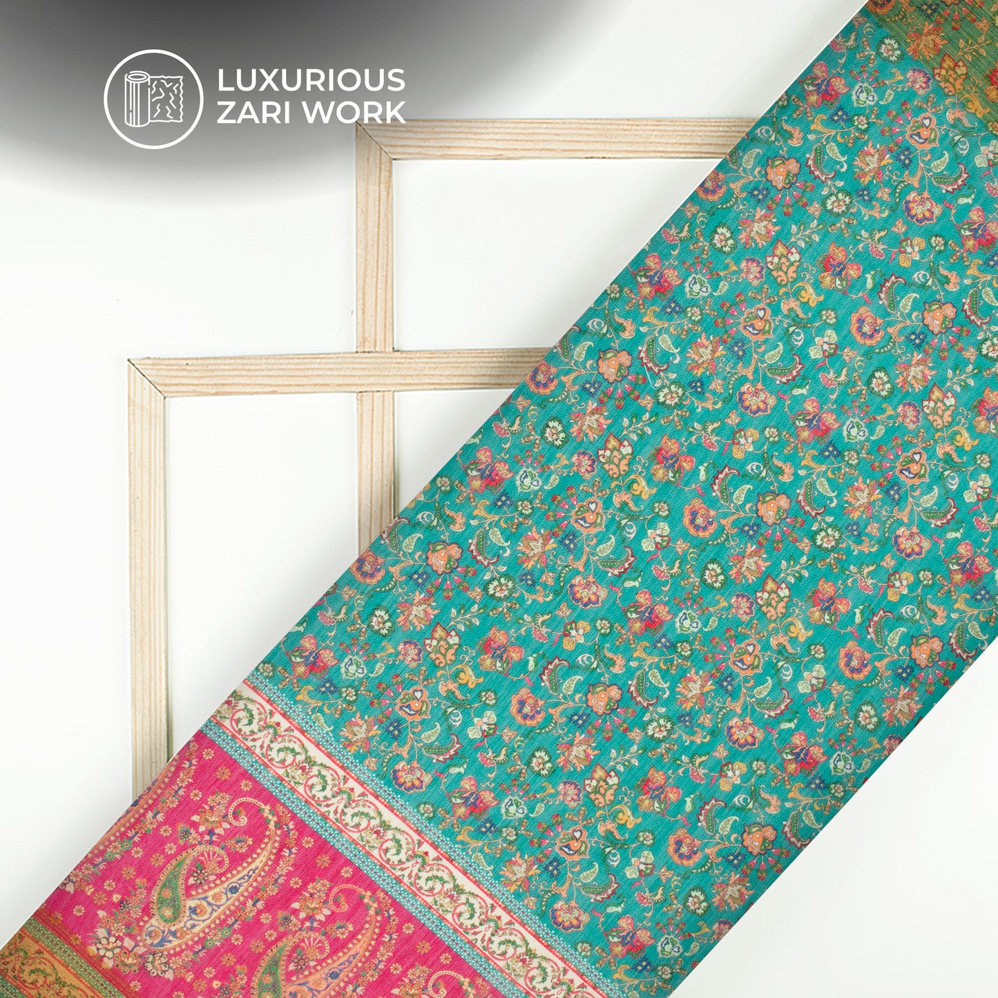 Sea Green Daman Digital Print Zari Border Chanderi Fabric