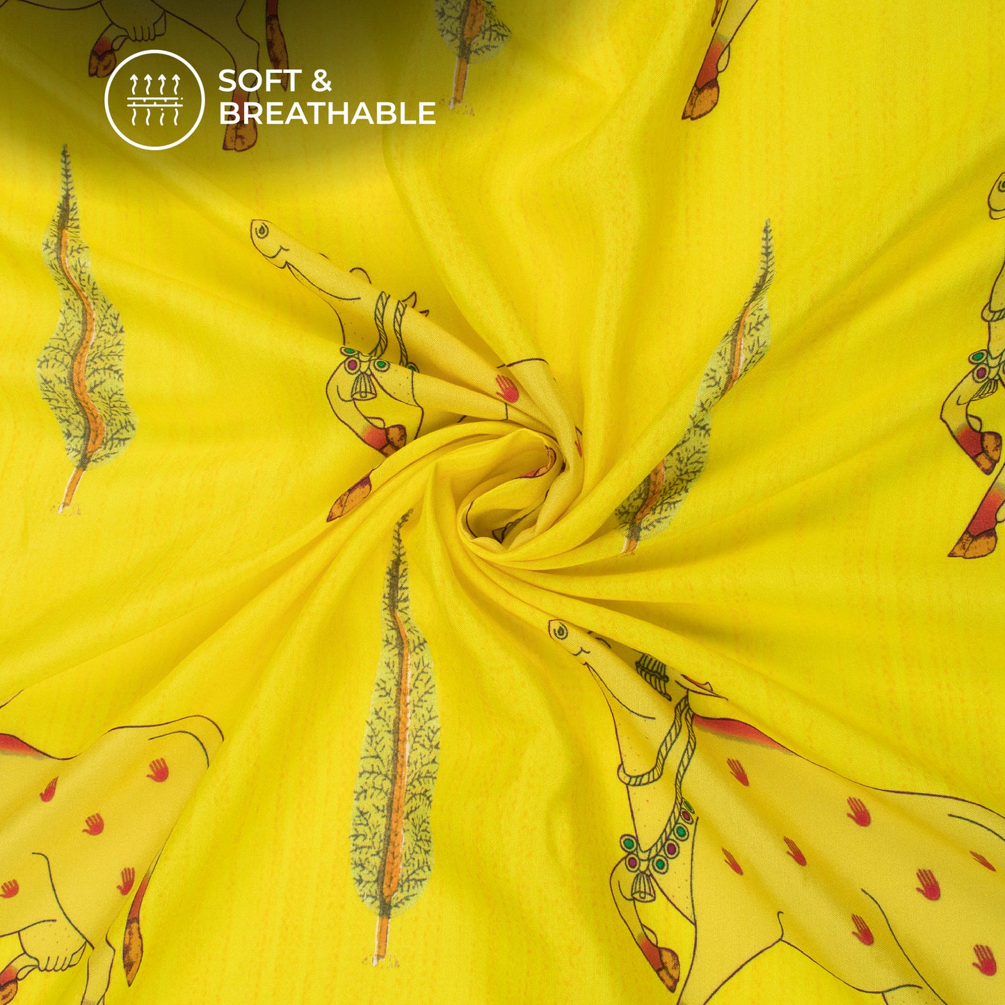 Lemon Yellow Pichwaii Digital Print Viscose Muslin Fabric
