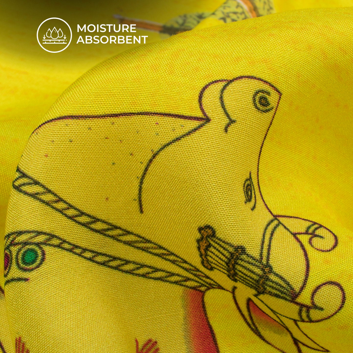 Lemon Yellow Pichwaii Digital Print Viscose Muslin Fabric