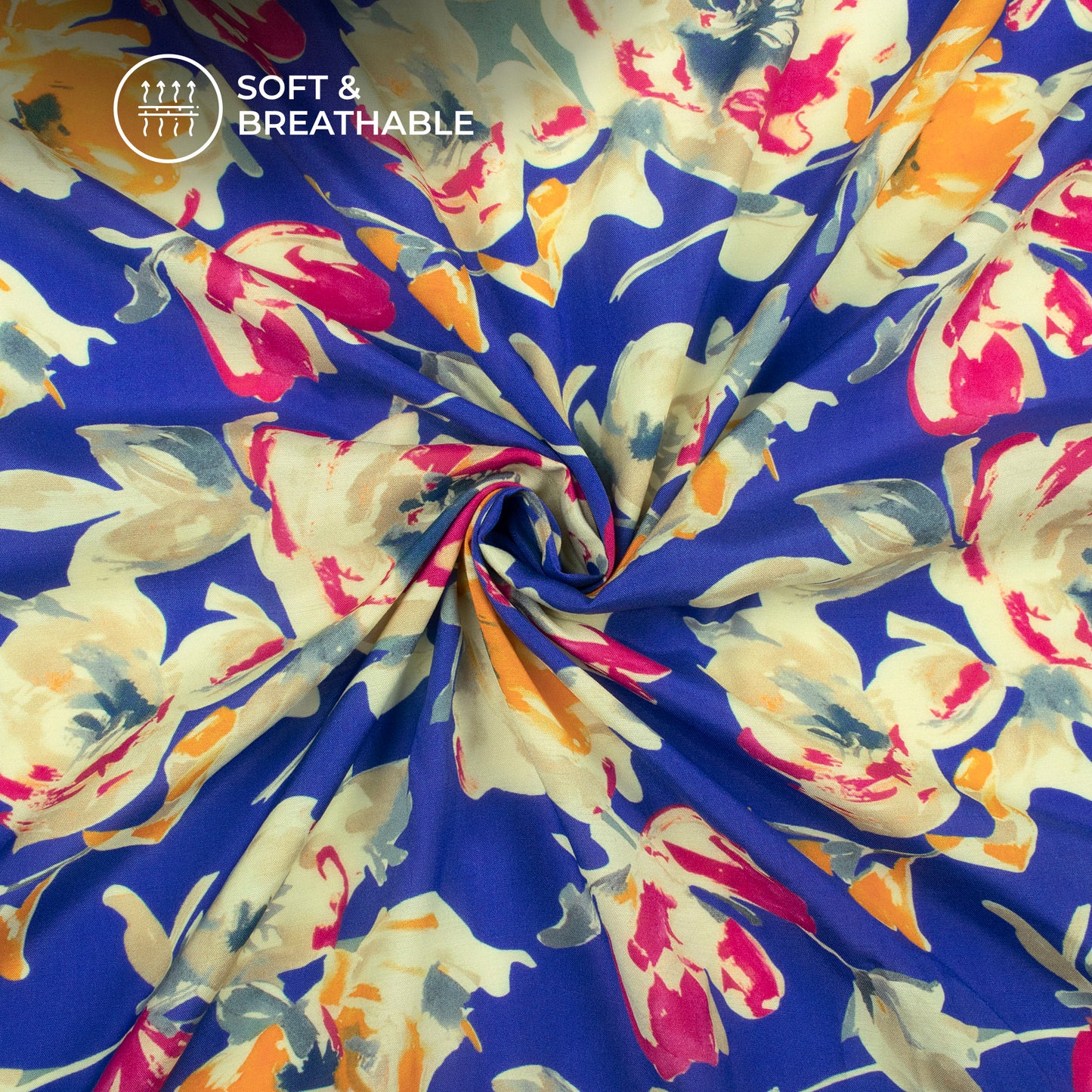 Royal Blue Floral Digital Print Viscose Muslin Fabric