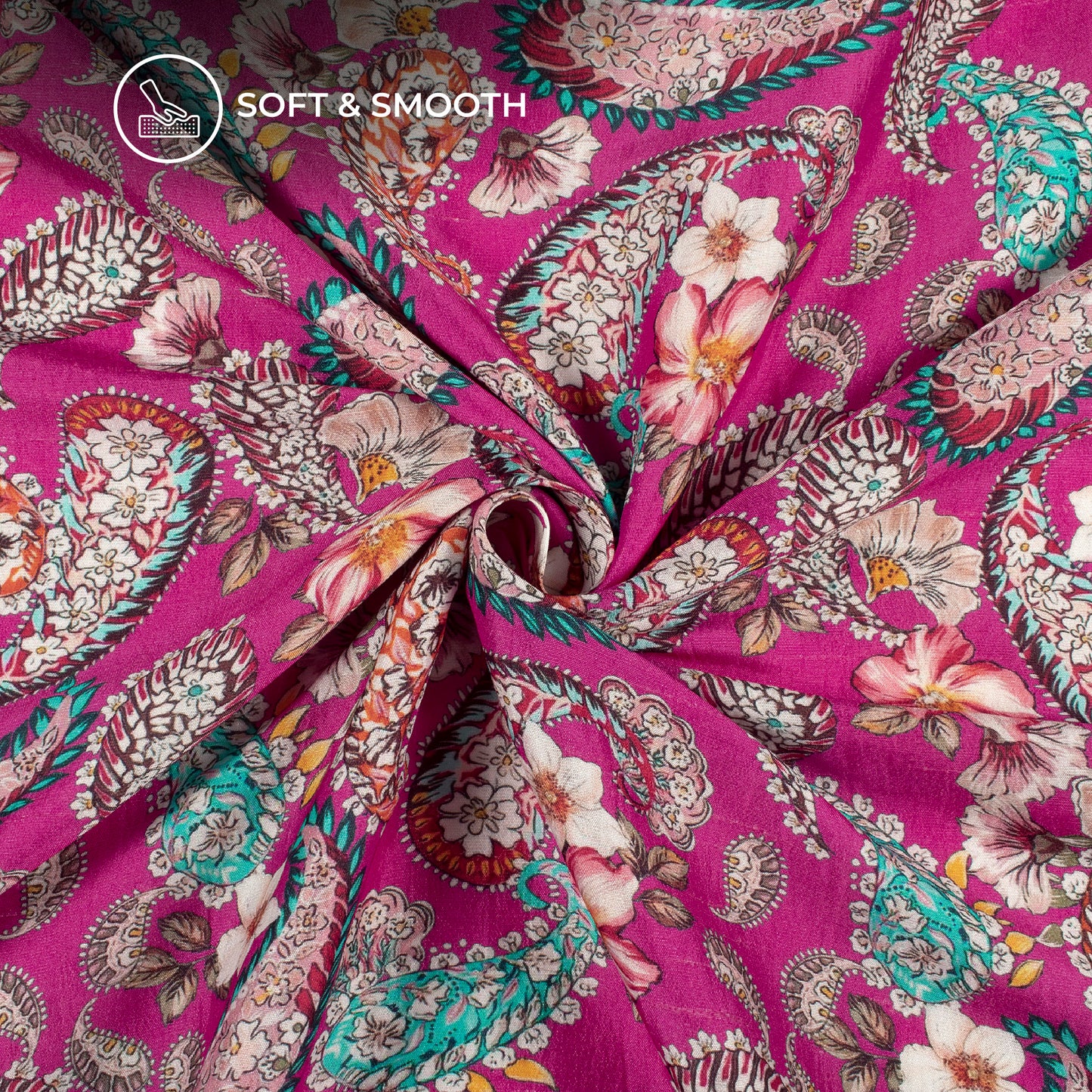 Fuscia Pink Floral Digital Print Bemberg Raw Silk Fabric