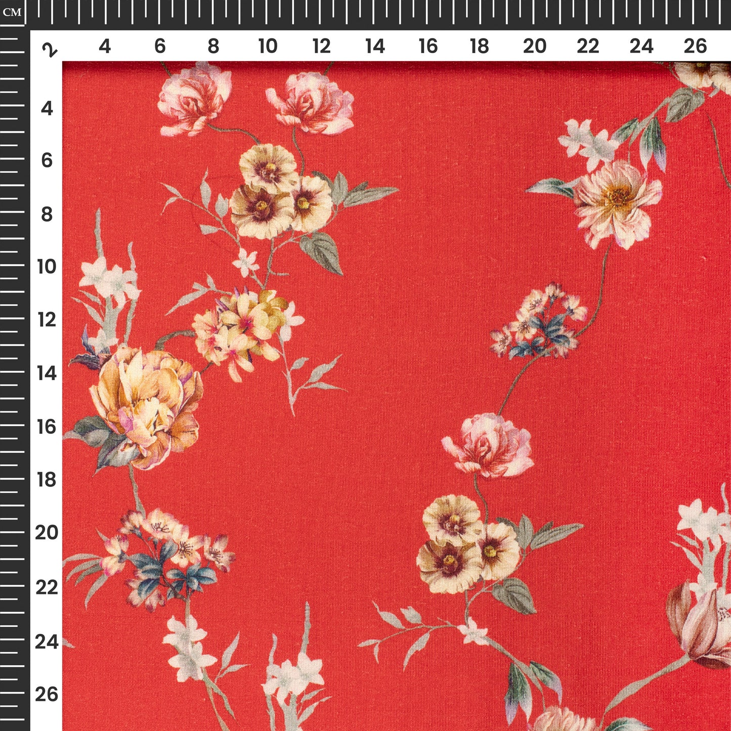 cardinal Red Floral Digital Print Cotton Slub Lycra Fabric