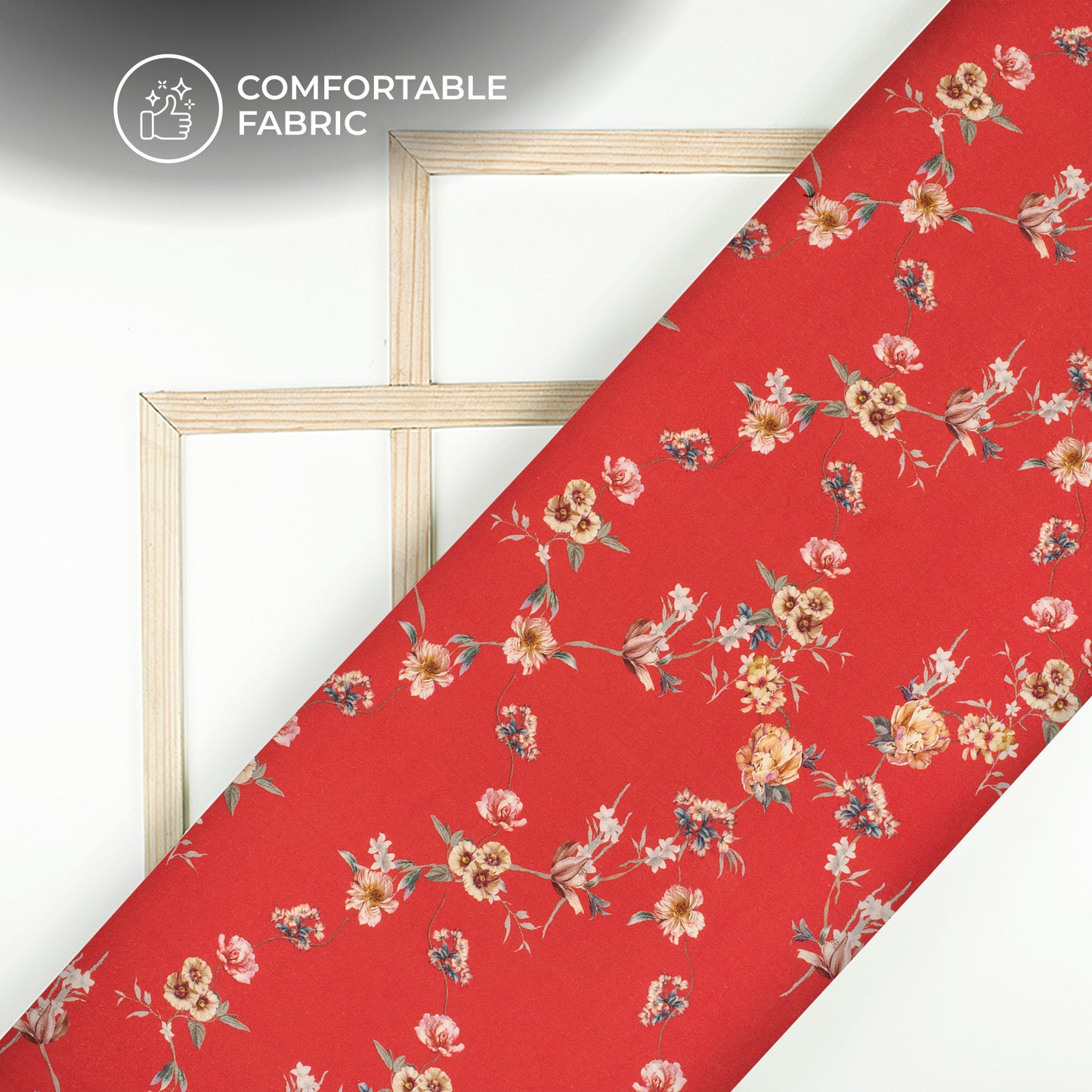 cardinal Red Floral Digital Print Cotton Slub Lycra Fabric