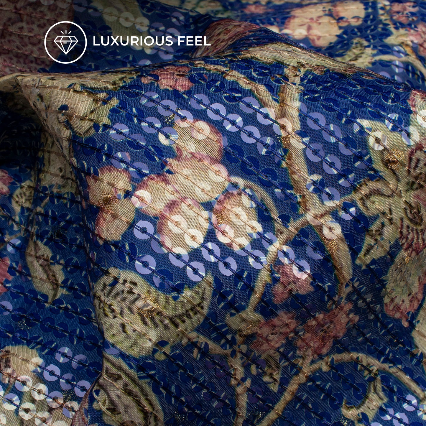 Admiral Blue Floral Digital Print Chanderi Water Sequins Fabric