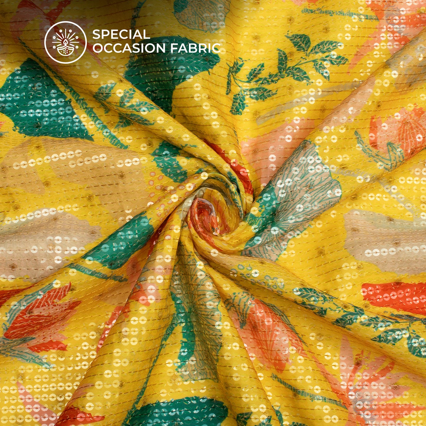 Chartreuse Yellow Floral Digital Print Chanderi Water Sequins Fabric