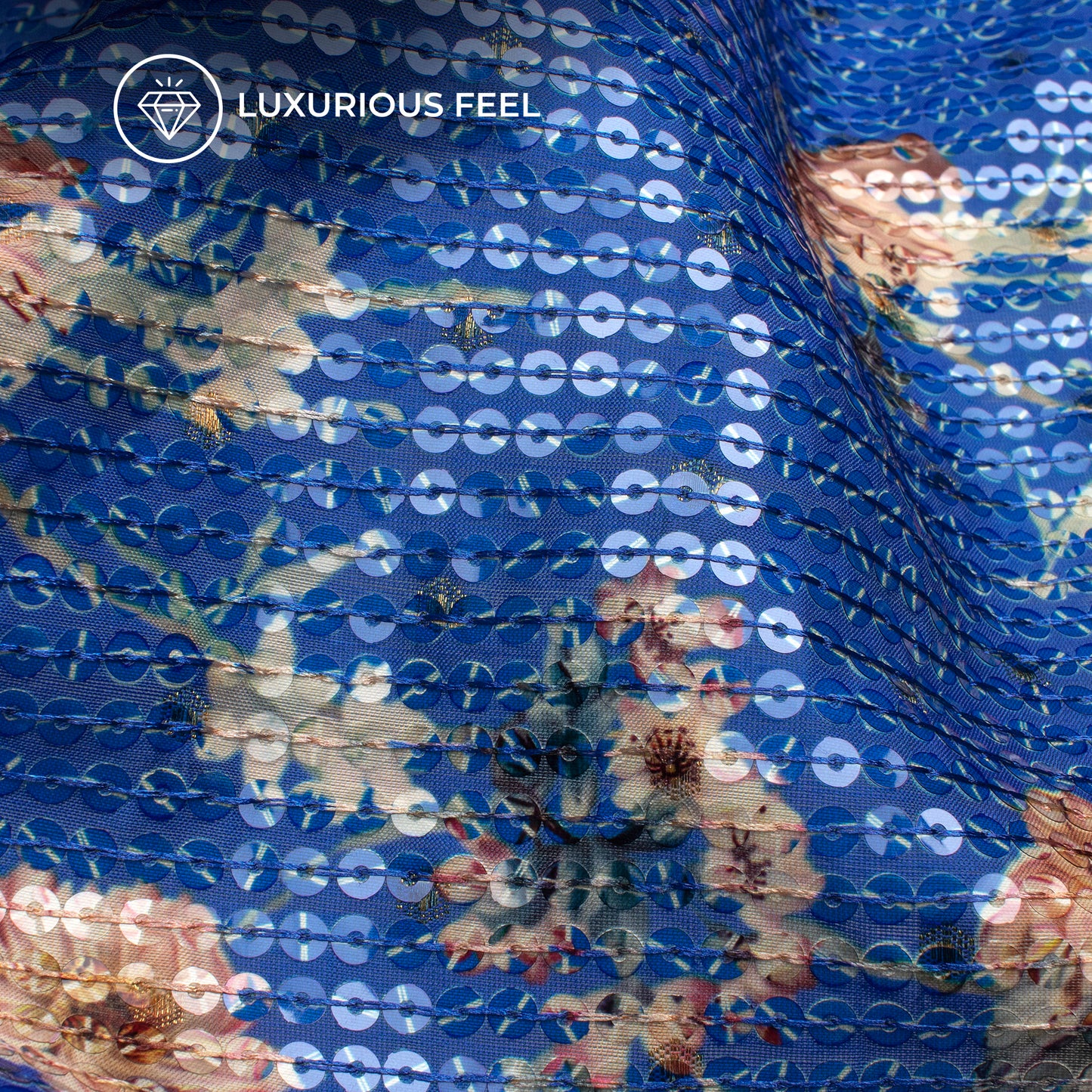 Royal Blue Floral Digital Print Chanderi Water Sequins Fabric