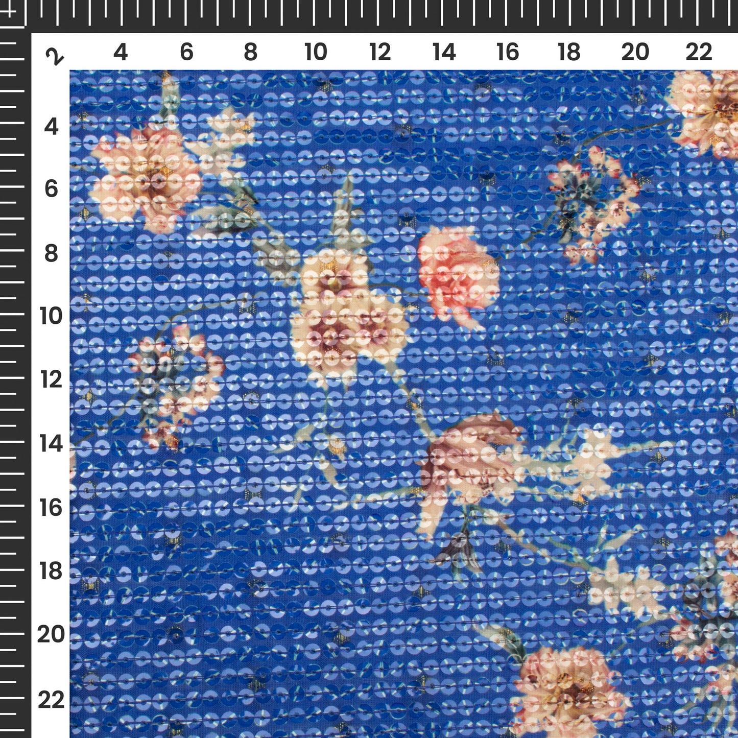 Royal Blue Floral Digital Print Chanderi Water Sequins Fabric
