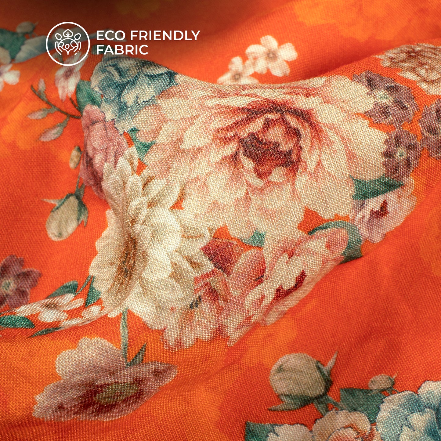 Fire orange Floral Digital Print Viscose Rayon Fabric(Width 58 Inches)