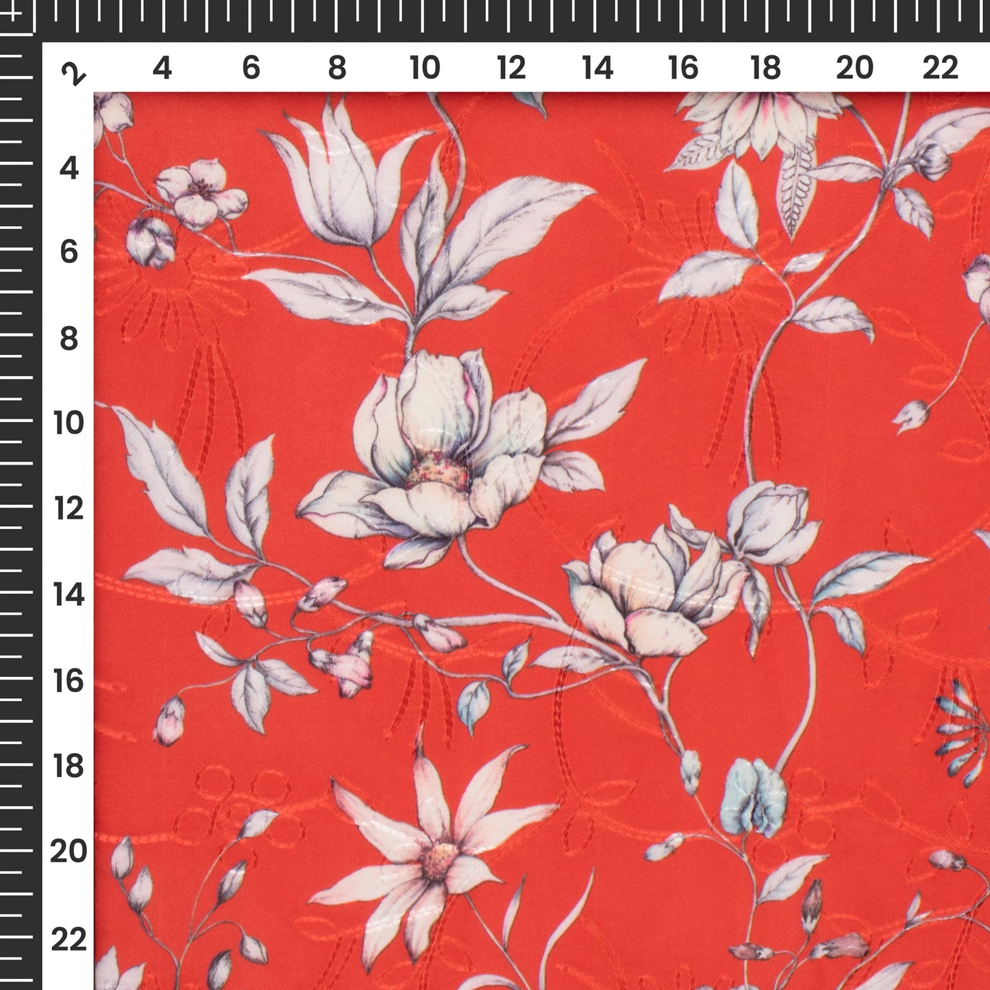 White Floral Digital Print Embroidery Butter Crepe Fabric