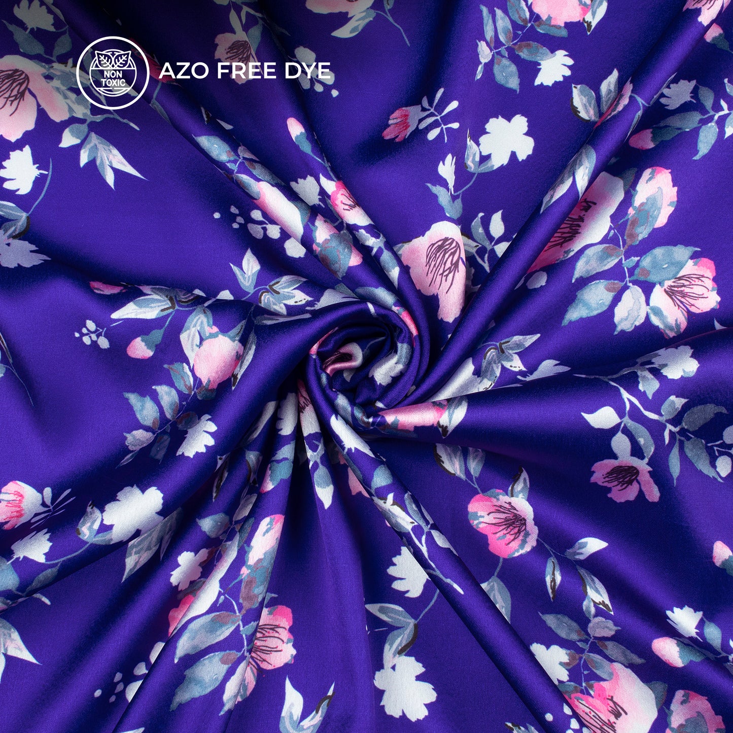 Royal Blue Floral Digital Print Japan Satin Fabric