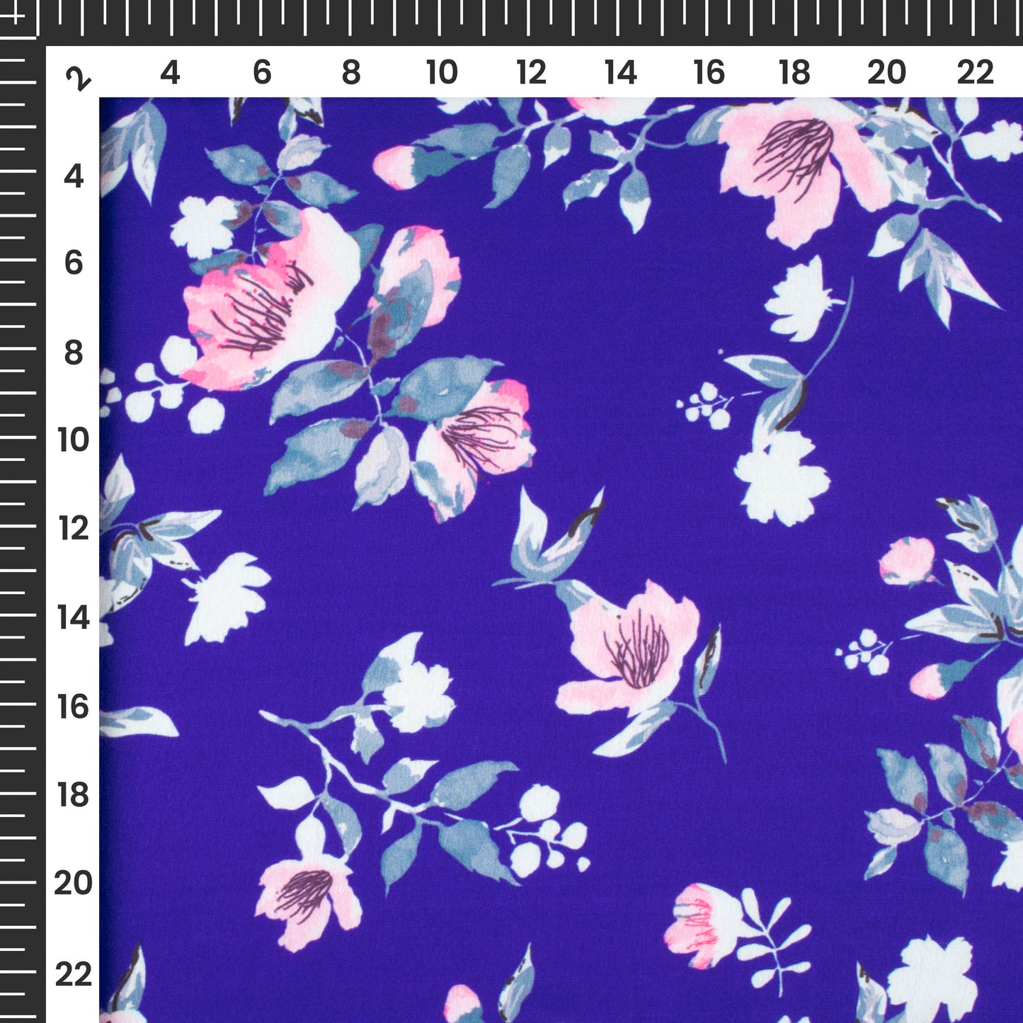 Royal Blue Floral Digital Print Japan Satin Fabric