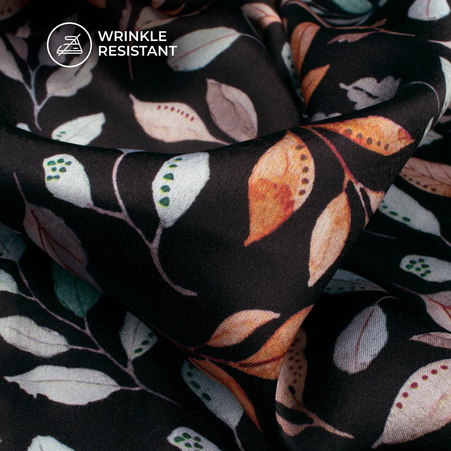 Black Leaf Digital Print Japan Satin Fabric