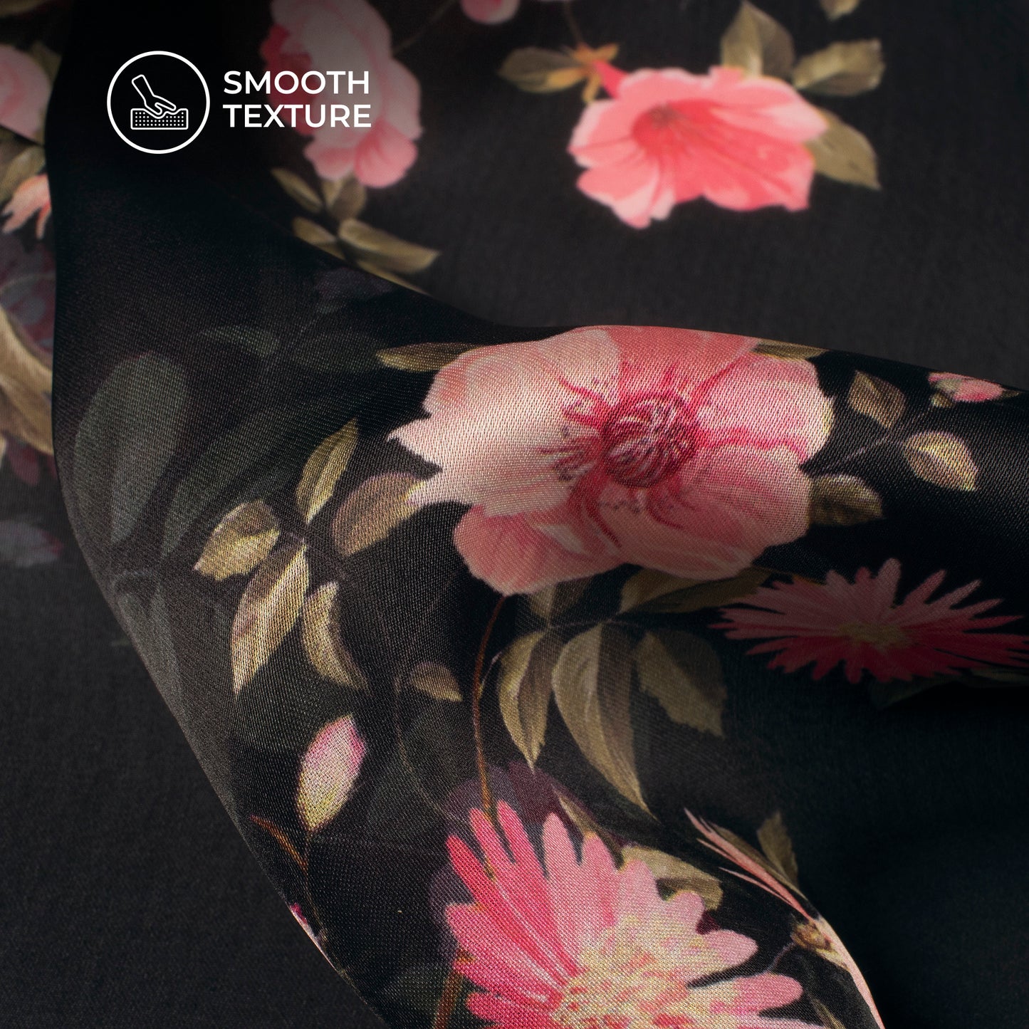 Black Floral Digital Print Georgette Satin Fabric