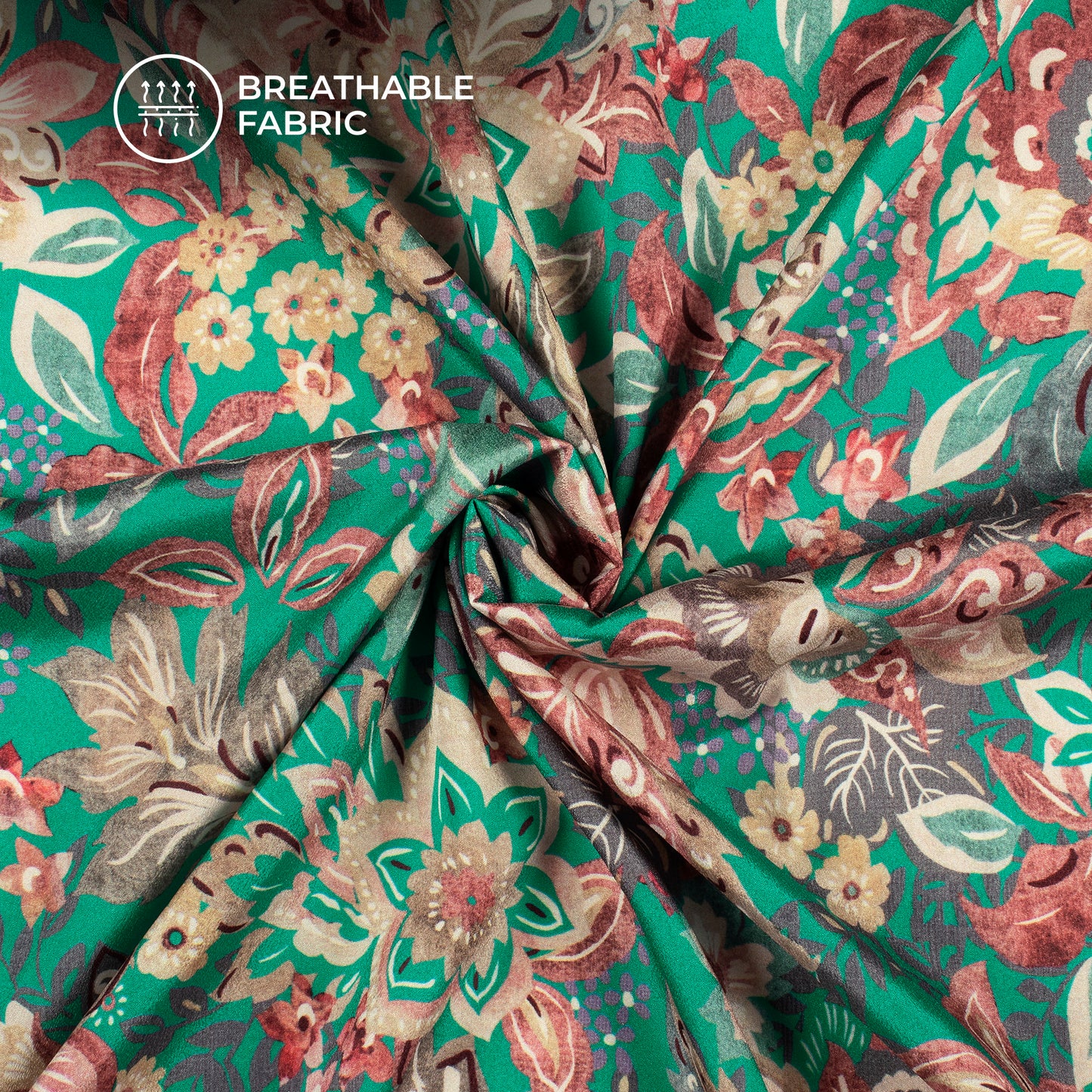 Viridian Green Floral Digital Print Crepe Silk Fabric