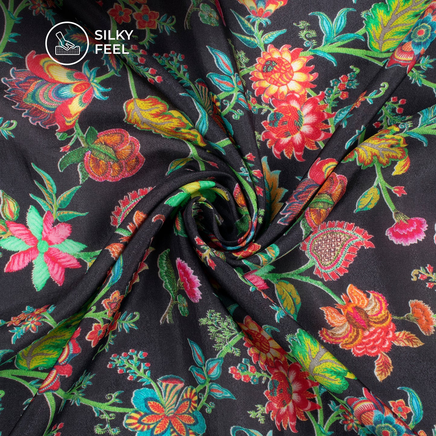 Crow Black Floral Digital Print Viscose Uppada Silk Fabric