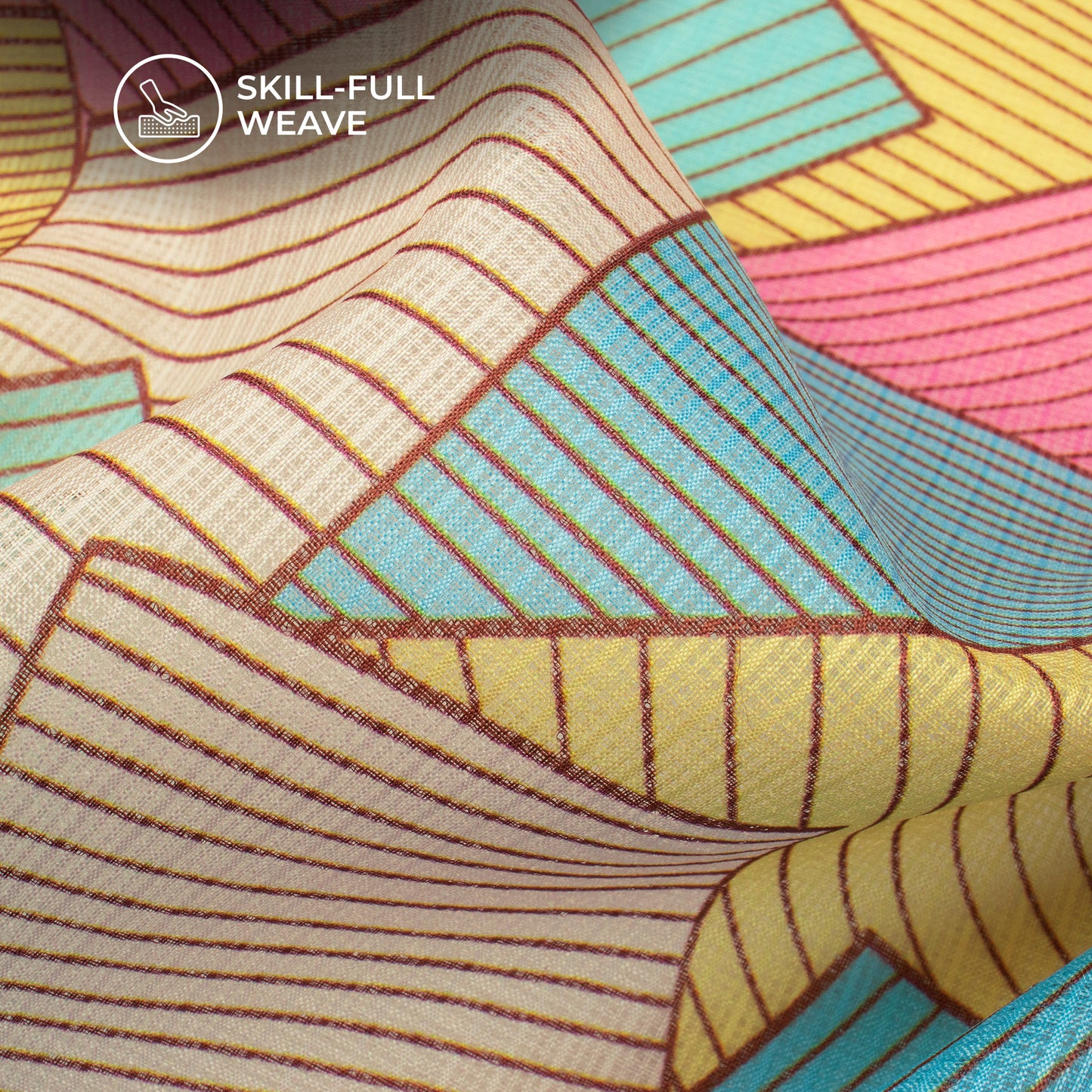Teal Blue Geometric Digital Print Kota Doria Fabric