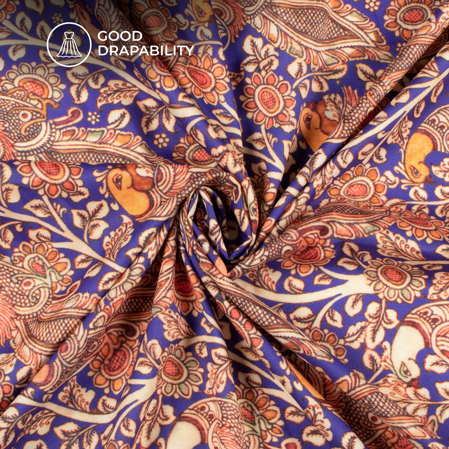 Royal Blue Bird Digital Print Butter Crepe Fabric