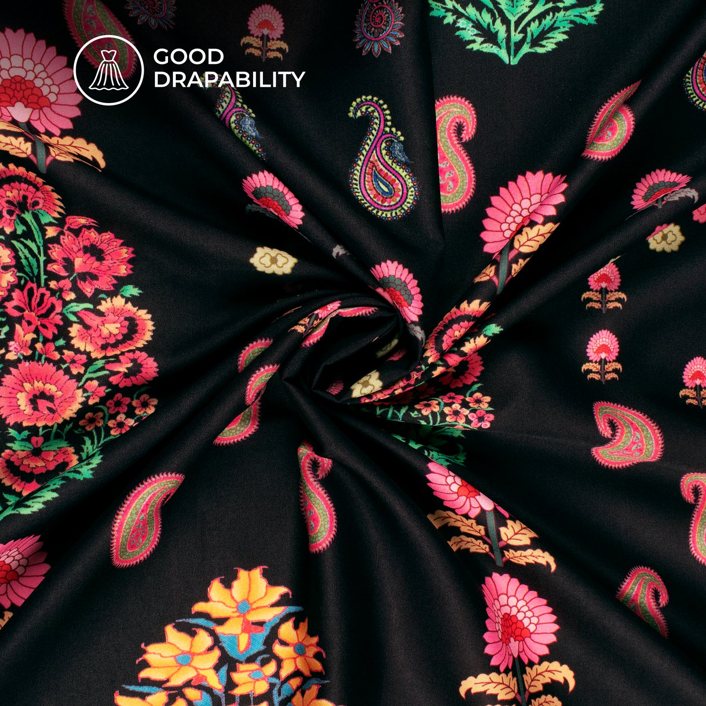 Black Floral Digital Print Butter Crepe Fabric