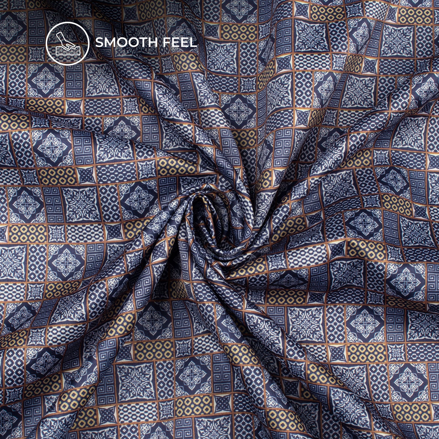 Navy Blue Geometrical Digital Print Charmeuse Satin Fabric (Width 58 Inches)