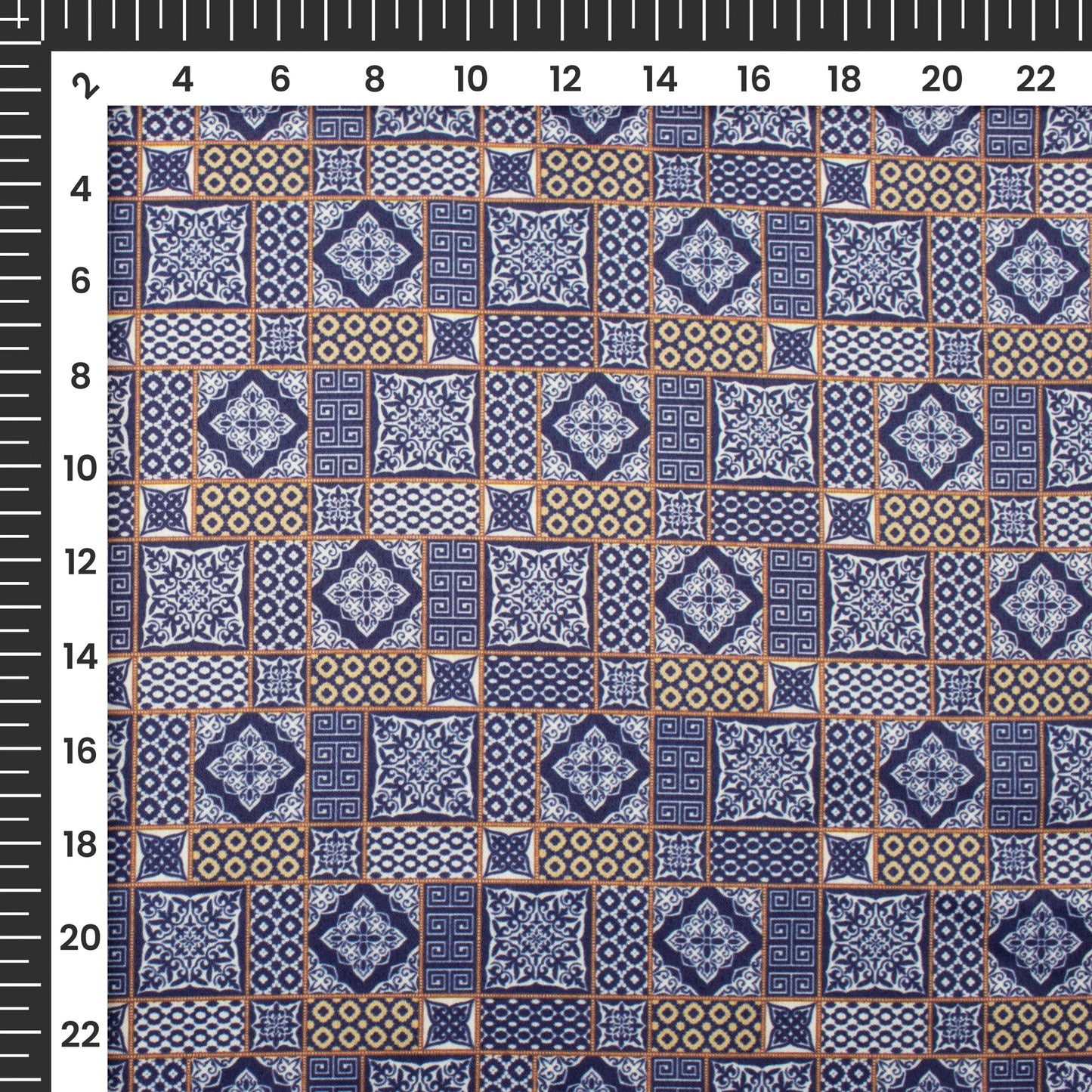 Navy Blue Geometrical Digital Print Charmeuse Satin Fabric (Width 58 Inches)