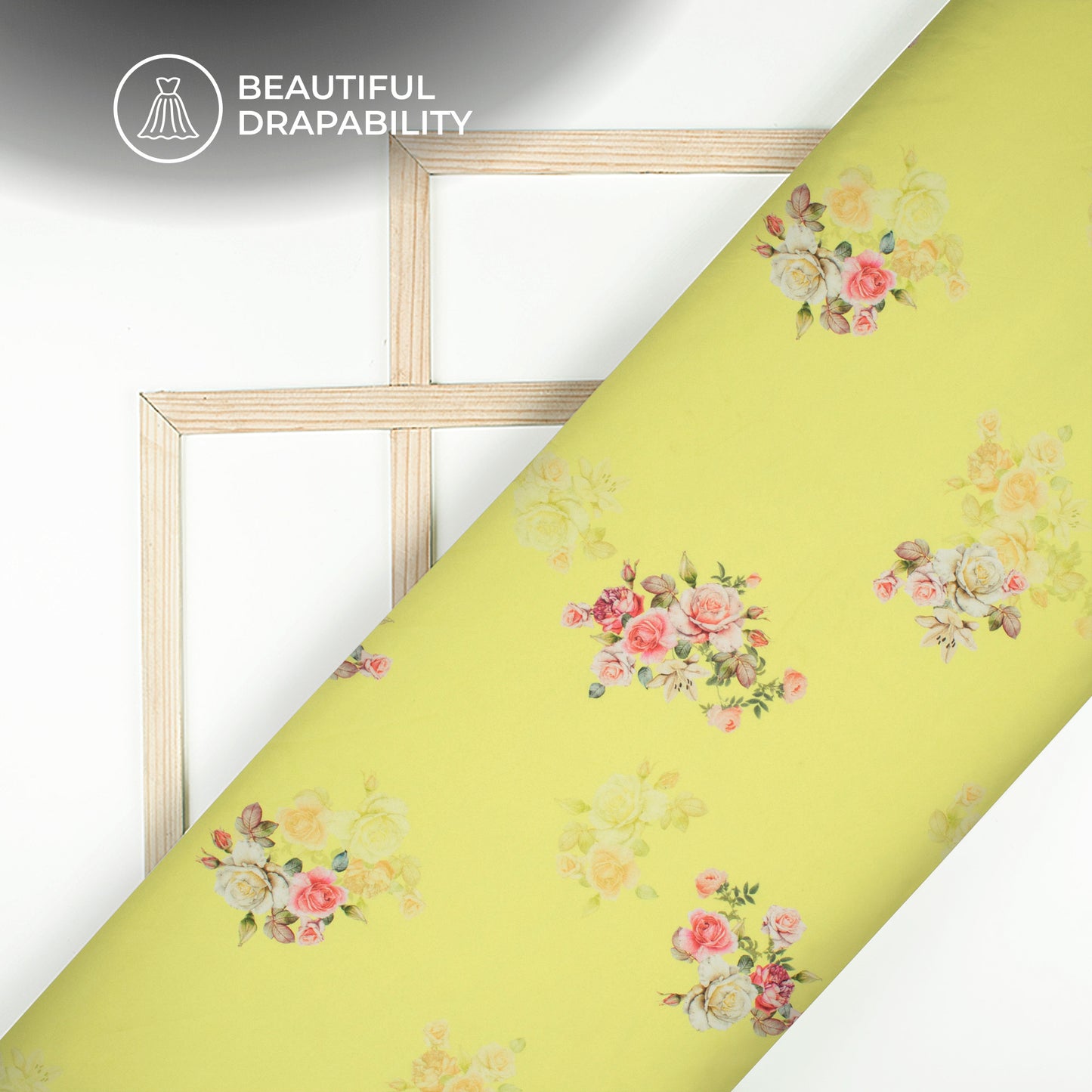 Light Yellow Floral Digital Print Charmeuse Satin Fabric (Width 58 Inches)