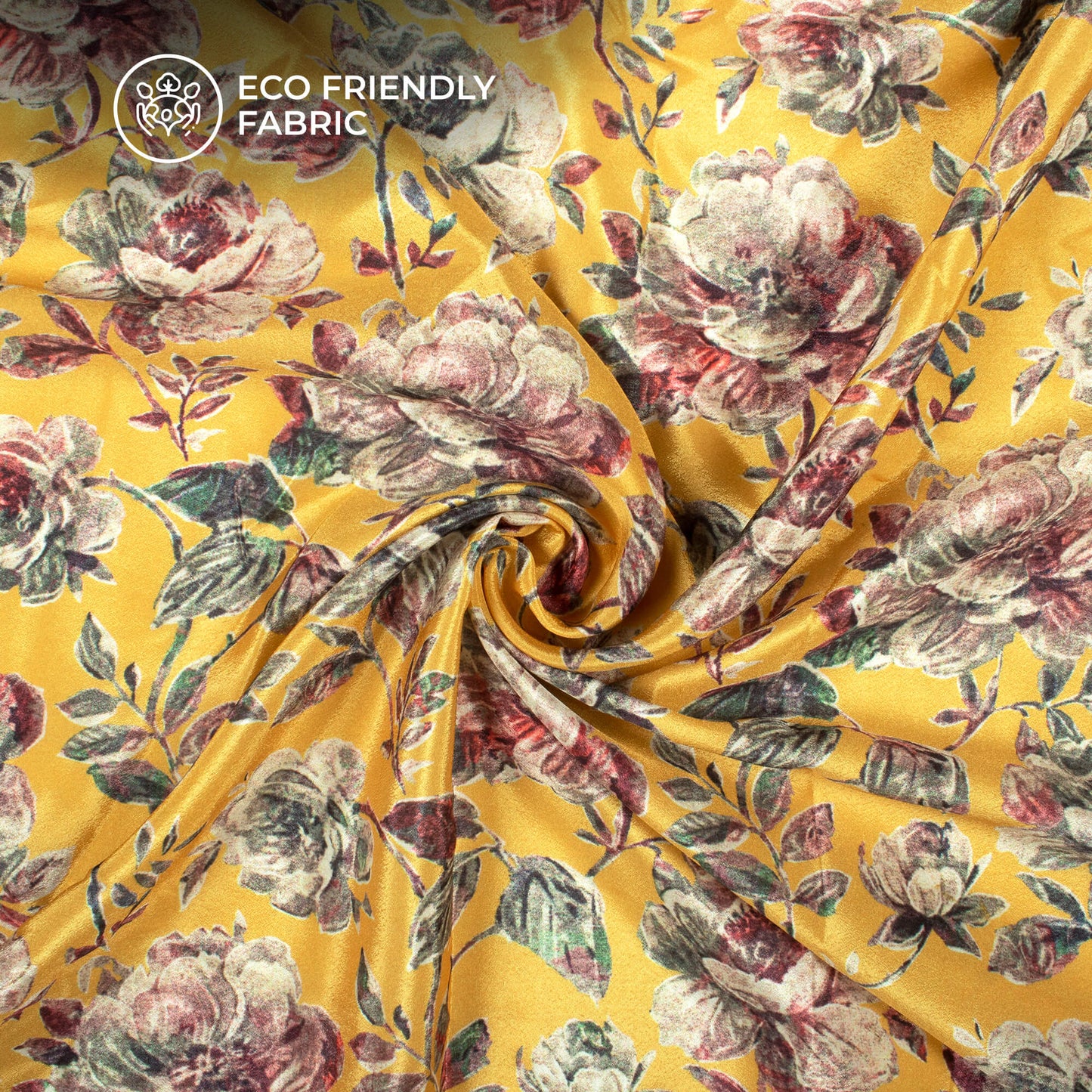 Canary Yellow Floral Digital Print Crepe Silk Fabric