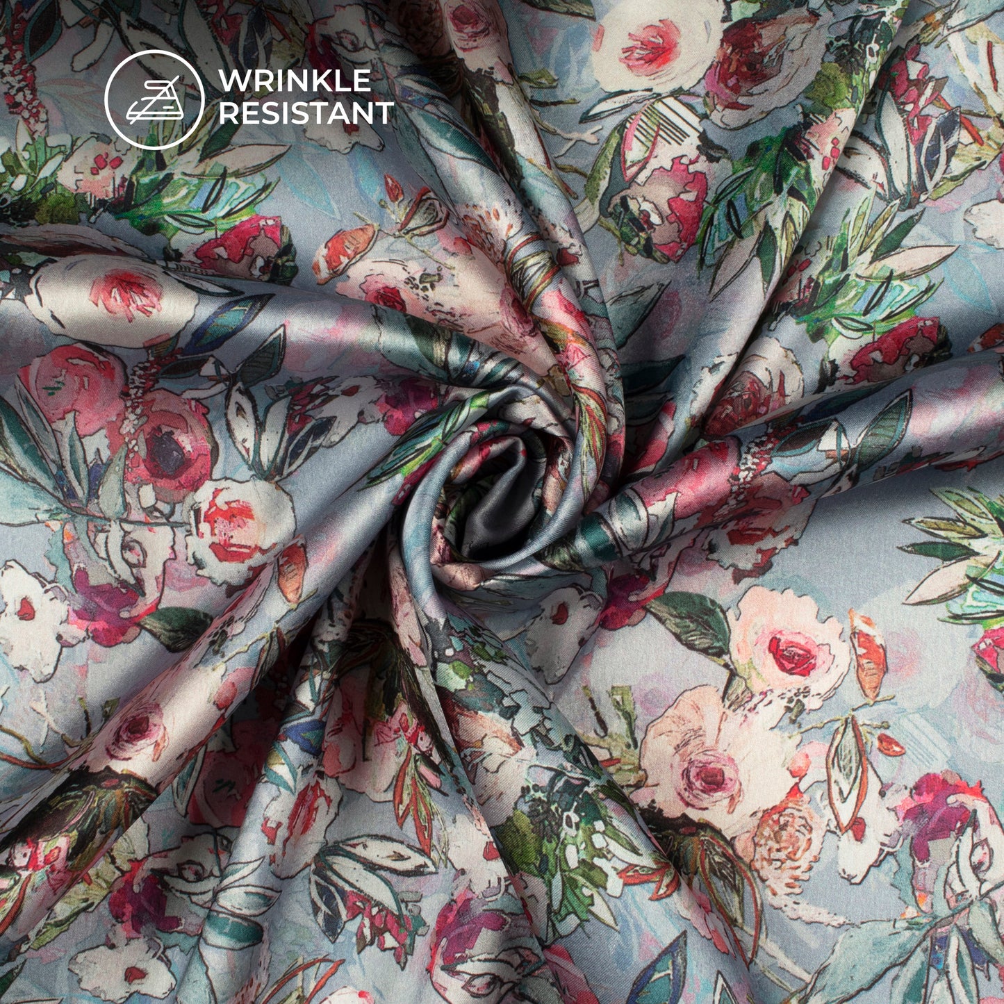 Dolphin Gray Floral Digital Print Japan Satin Fabric