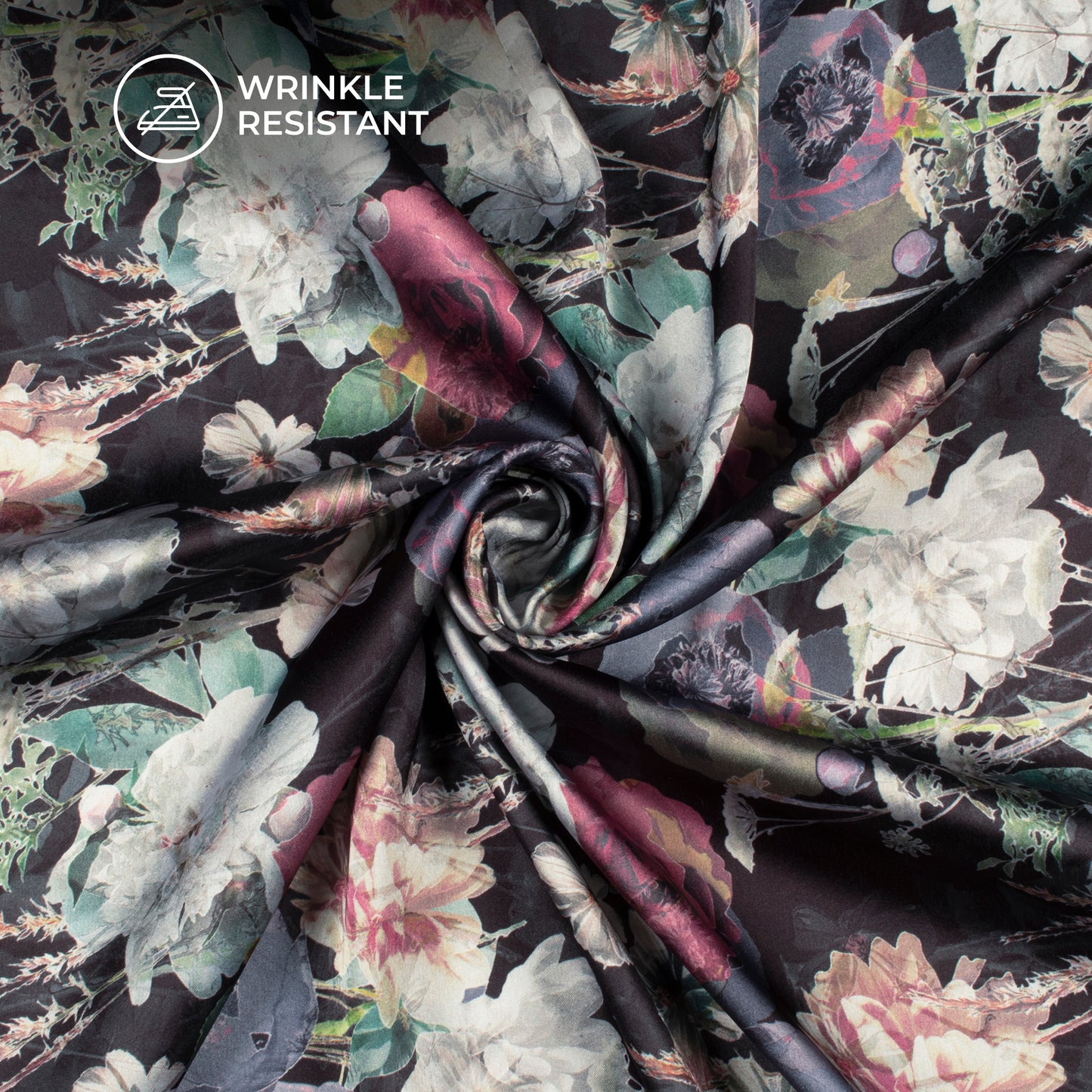 Luxurious Black Floral Digital Print Japan Satin Fabric