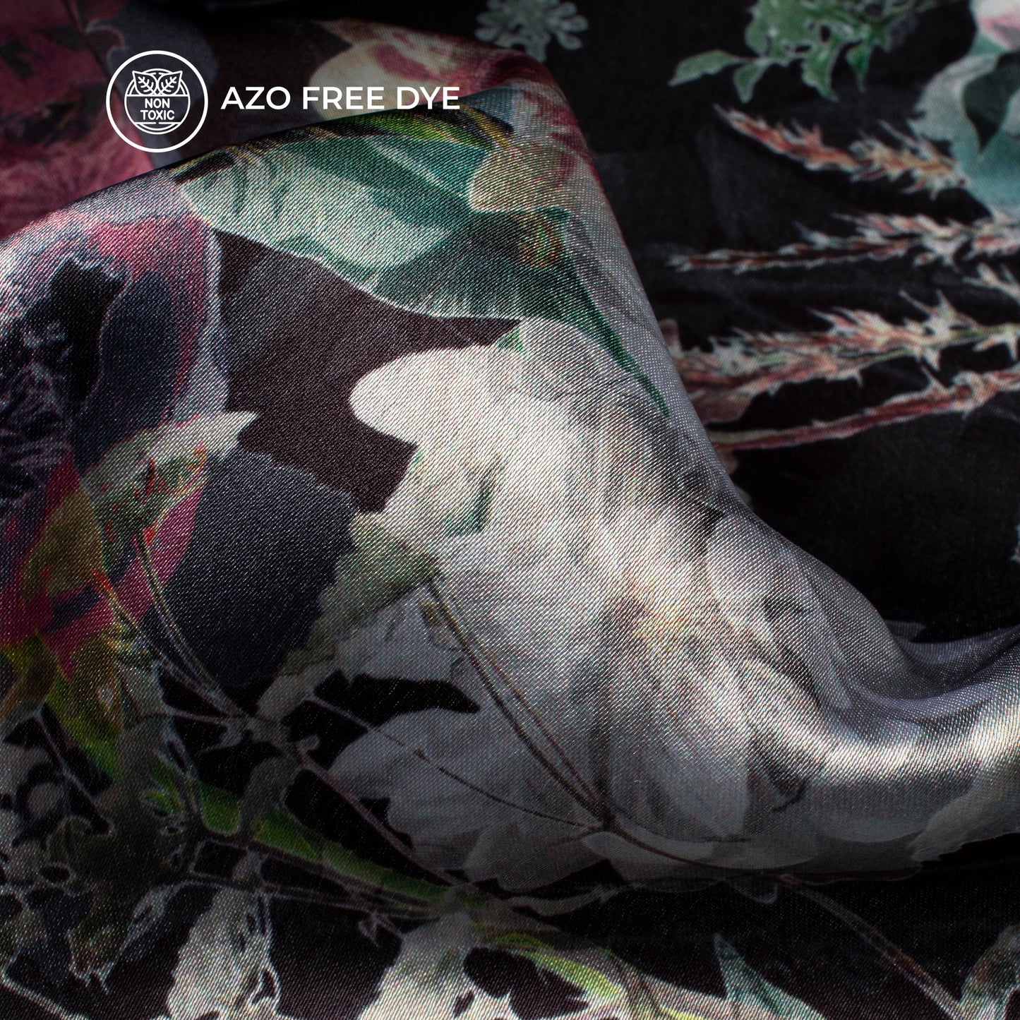 Luxurious Black Floral Digital Print Japan Satin Fabric
