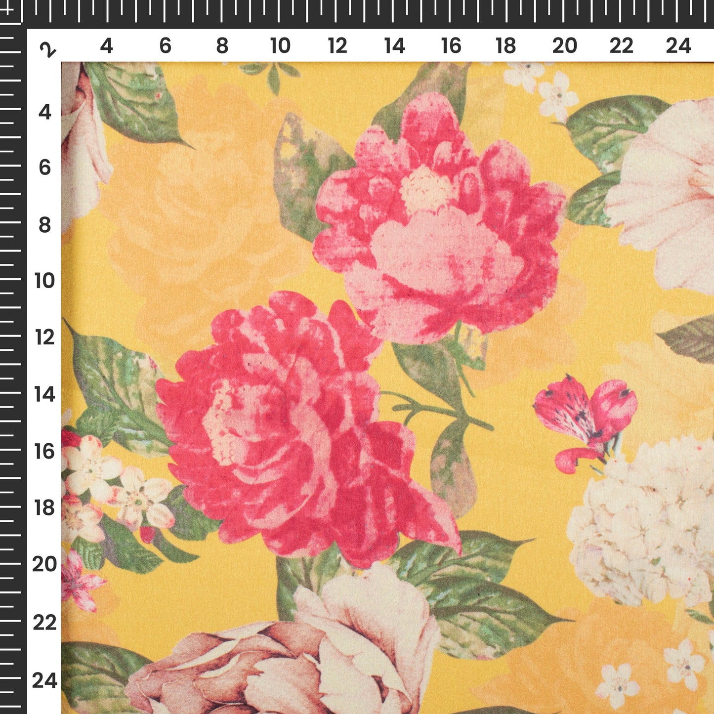 Attractive Yellow Floral Digital Print Japan Satin Fabric