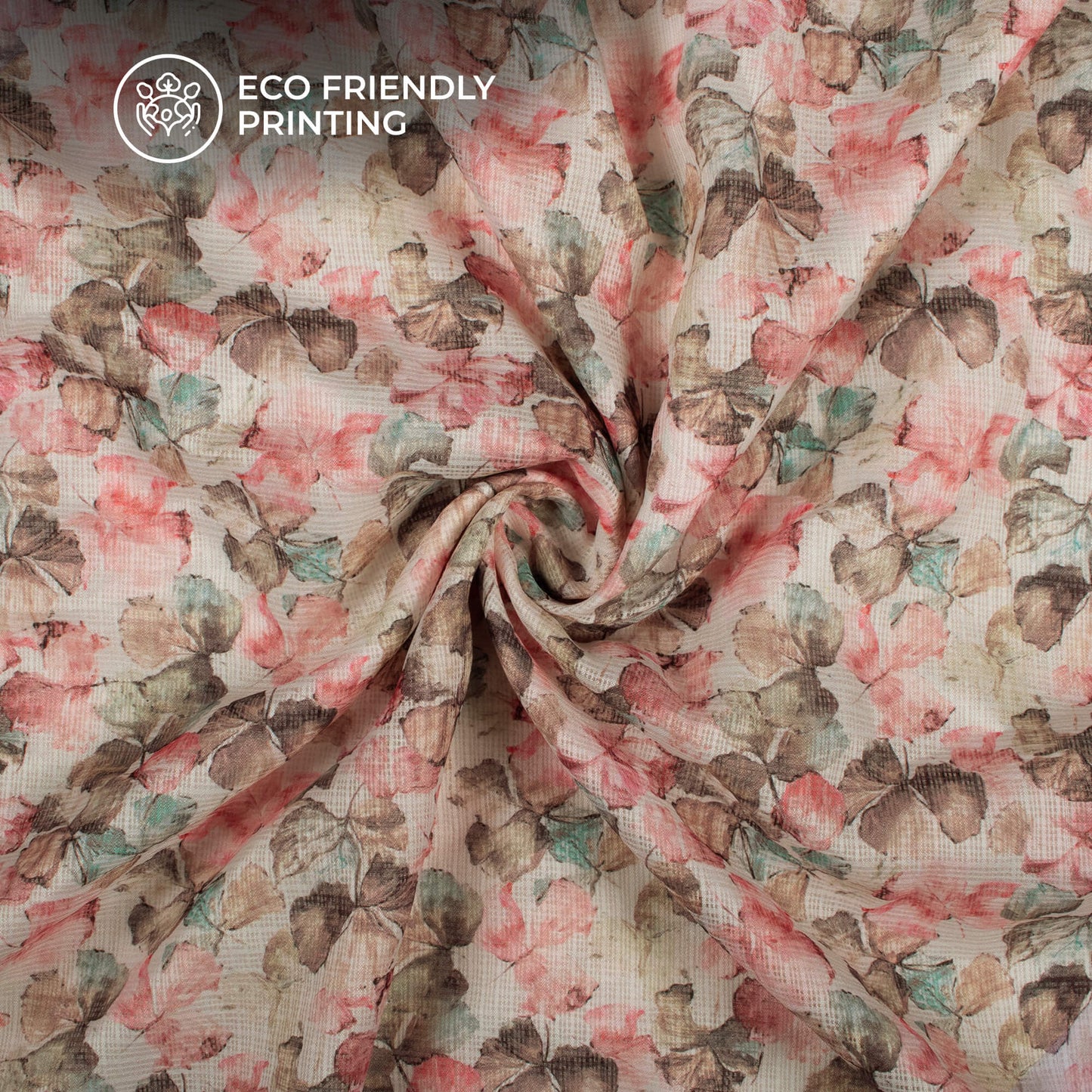 Salmon Pink Leaf Digital Print Kota Doria Fabric