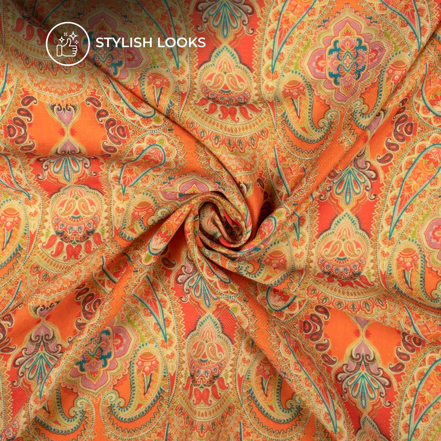 Tiger Orange Paisley Digital Print Elegant Blend Pashmina Fabric